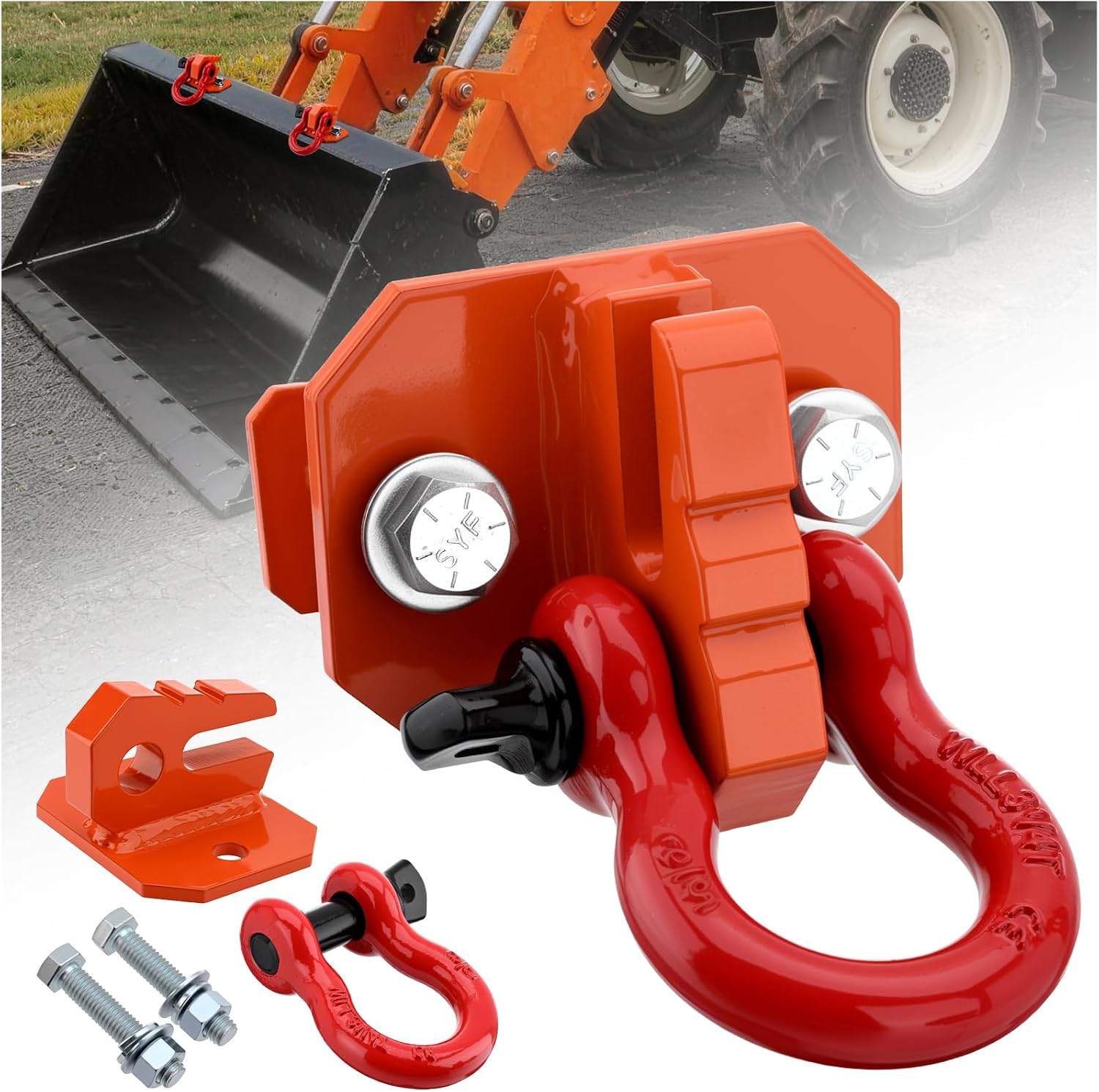 3/8" Tractor Bucket Grab Hook with 5/8" Tie Down D-Ring Shackle,2-Pack,Bolt-On Tow Hook Mount with Backer Plate,Heavy Duty Carbon Steel,10,000 lbs,Compatible with Tractors, Loaders,Trailers,RVs