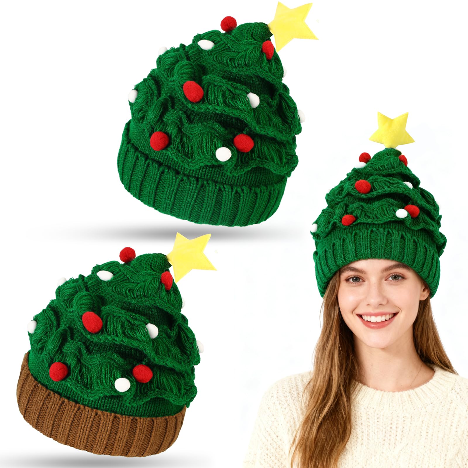 Beipegin Christmas Tree Hat Santa Hat Warm Winter Knitted Crochet Beanie Santa Tree Hats Novelty for Men Women Kids — image 1
