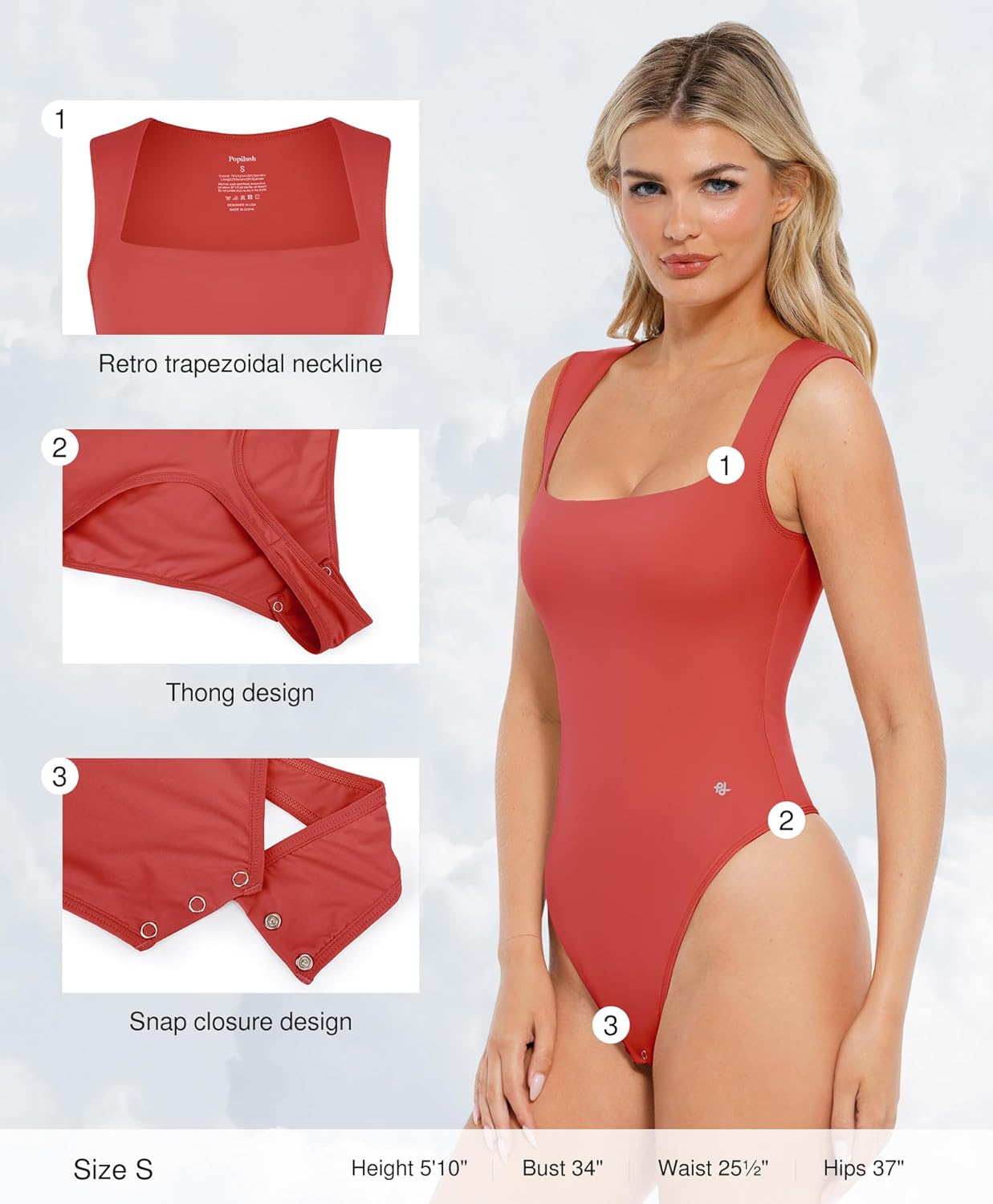 Popilush Bodysuits for Women - Sleeveless Square Neck Thong Bodysuit Tummy Control Double Lined Going Out Corset Tops - Image 3