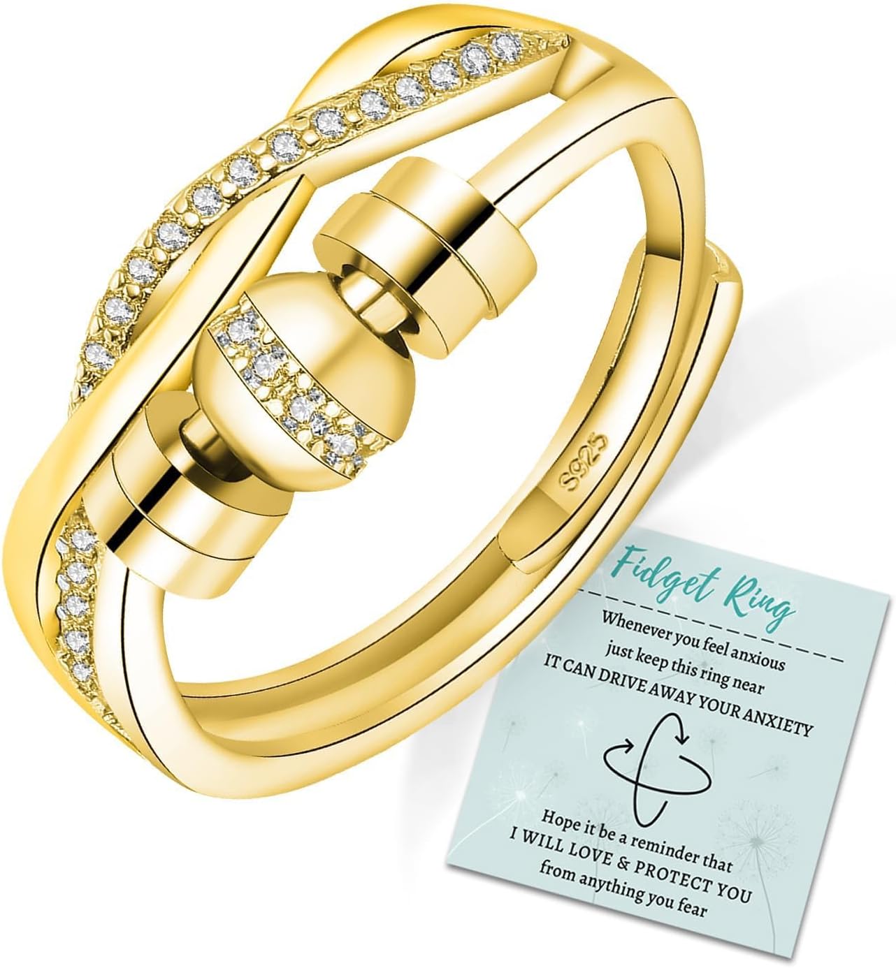 HEEYA Anxiety Rings for Women, Adjustable Sterling Silver Plated Fidget Rings with Beads, Stress Adjustable Spinner Ring, Thumb Jewelry for Birthday, Christmas, Valentine's Day