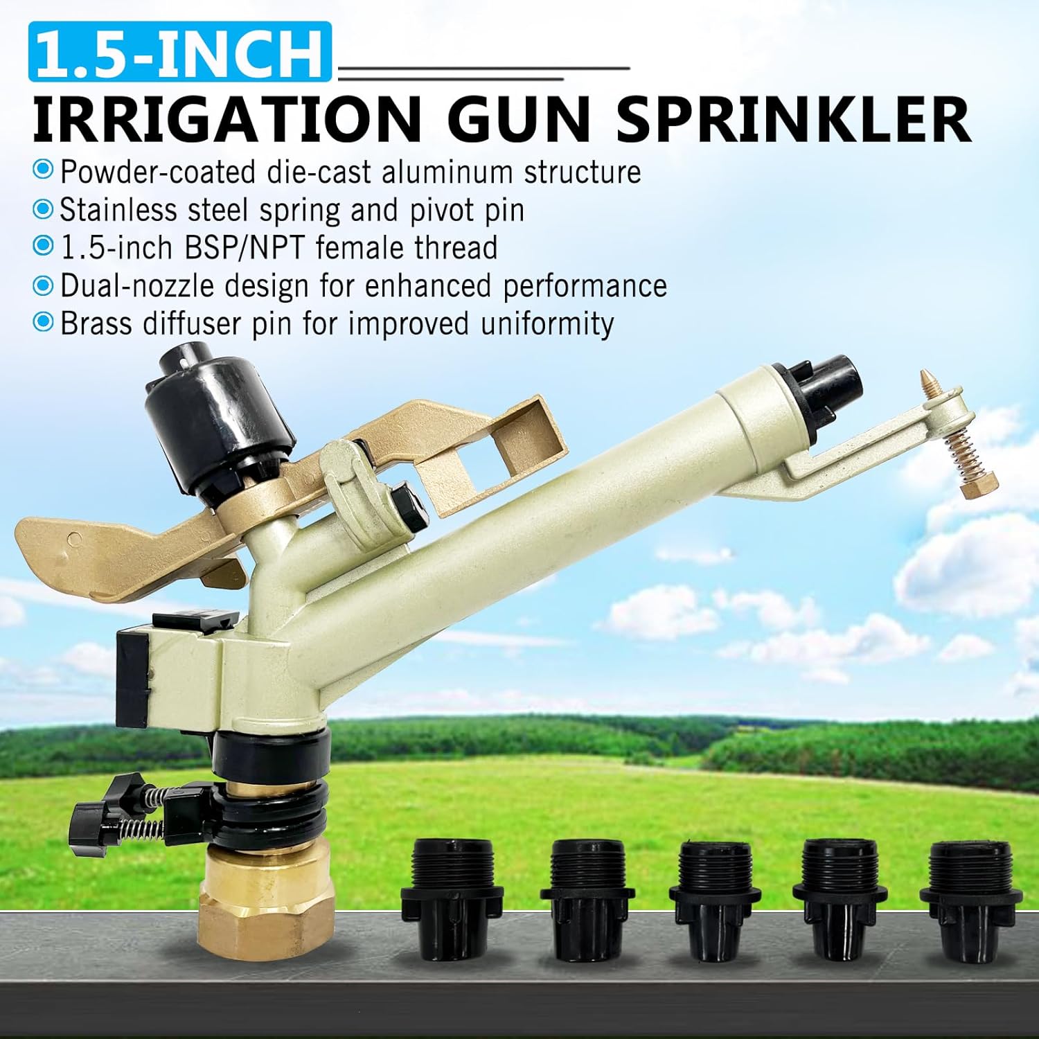 1.5" Agriculture Farm Irrigation Sprinkler,360° Adjustable Irrigation Spray Gun,Large-Area Watering Sprinkler Zinc Alloy Body for Farms,Lawn, Orchards, Tea Gardens, Forestry