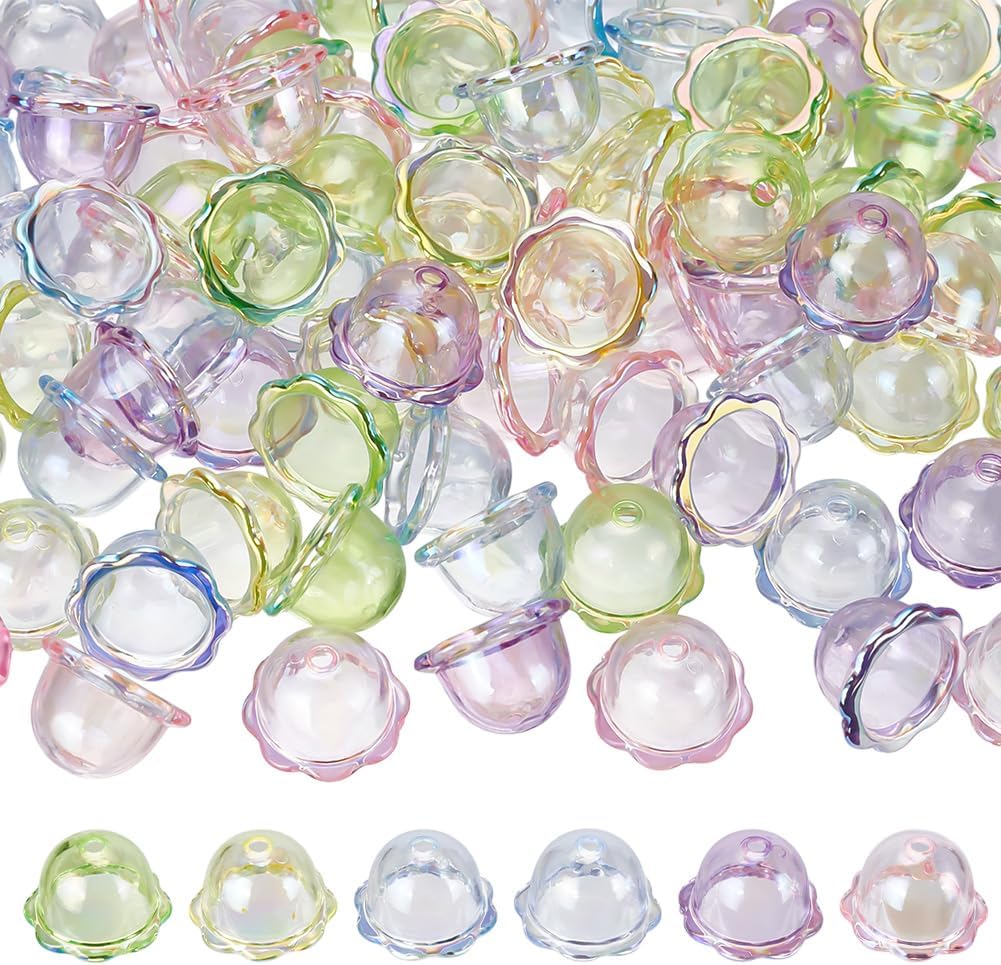 PLIGREAT 100 Pcs Acrylic Bell Floral Cone Caps Charms, 12×22mm Clear Cone Jellyfish Floral Bead Caps Bellflower Trumpet Flower Spacer Bead for DIY Crafts Jewelry Making, 5 Colors