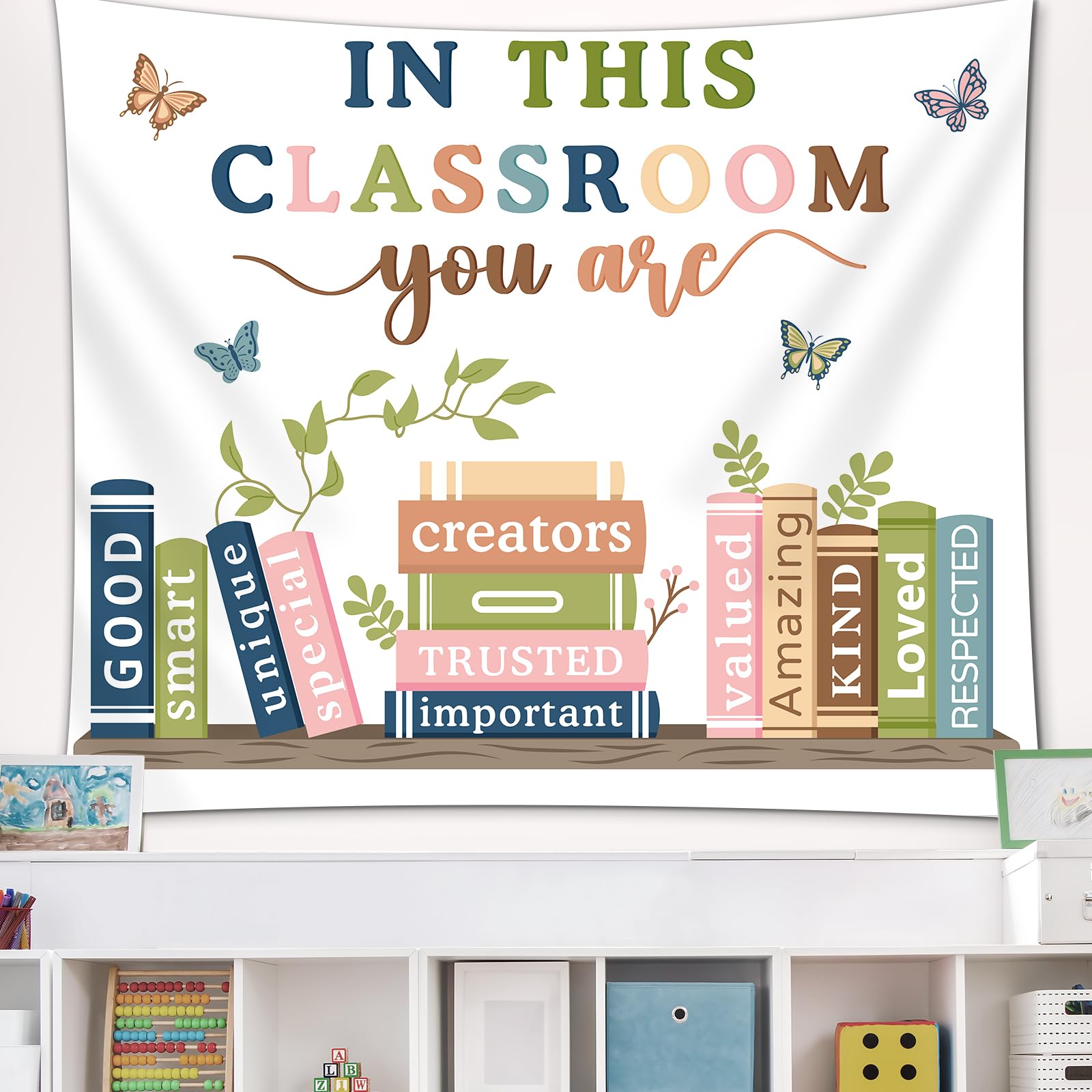 QOUBAI Tapiz de bienvenida para el aula de regreso a clases, bohemio, motivacional, primer día de escuela, tablón de anuncios, decoración positiva de fondo para jardín de infantes, decoración de pared