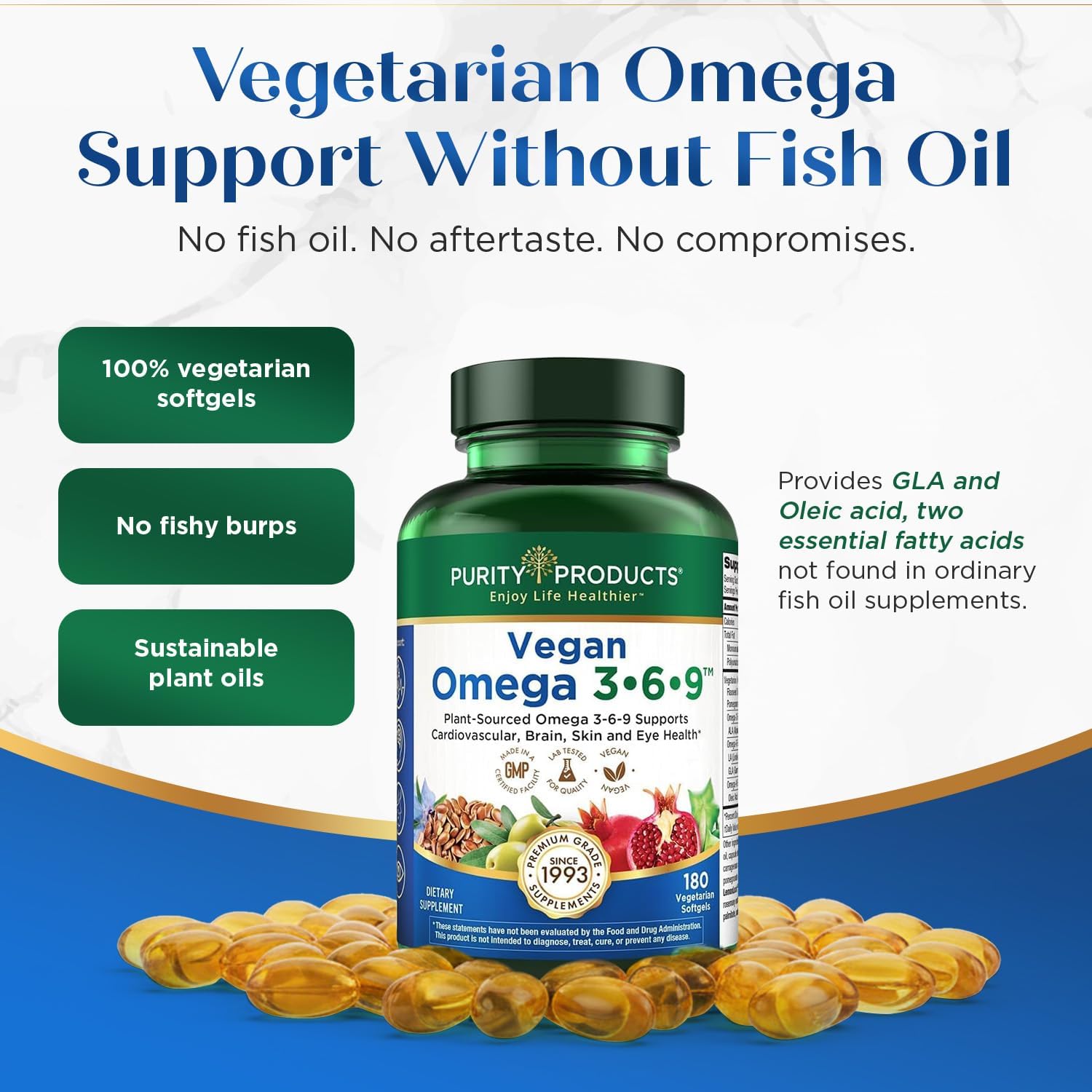 Purity Products Vegan Omega 3 6 9 Formula - “5 in 1” Essential Fatty Acid Complex - Scientifically Formulated Plant-Based Vegan Omega 3-6-9 Essential Fatty Acids (EFA) - 3 Month Supply - 180 Softgels