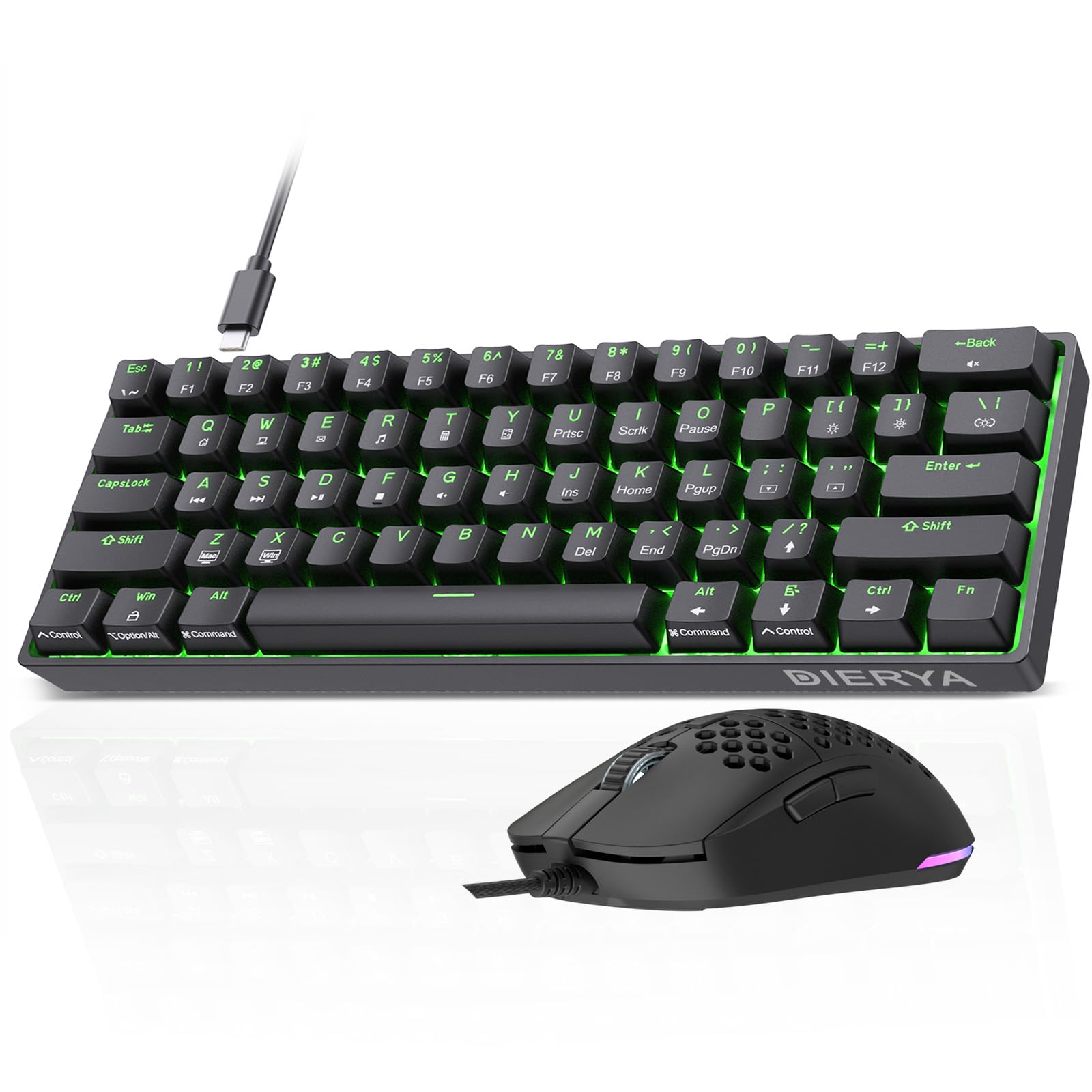 Dierya Gaming-Set: DK61se Tastatur (60%, rote Linearschalter, 61 Tasten, Anti-Ghosting, USB-C, US-Layout, schwarz) + M1SE Maus (12800 DPI, optischer Sensor, 6 programmierbare Tasten, RGB, ergonomisch,