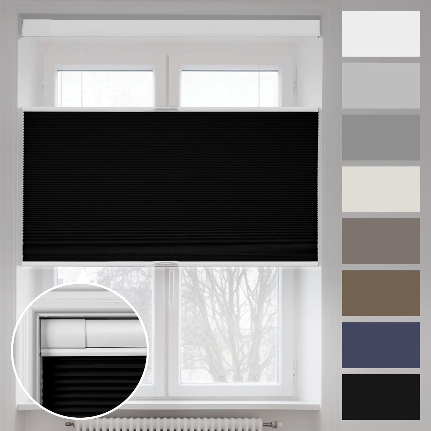 Boolegon No Tools No Drill Shades for Windows,Modern Top Down Bottom Up Cellular Shades,Blackout Cordless Honeycomb Blinds Easy Install No Screws Blinds&Shades for Home and Office,Black,44" W x 40" H