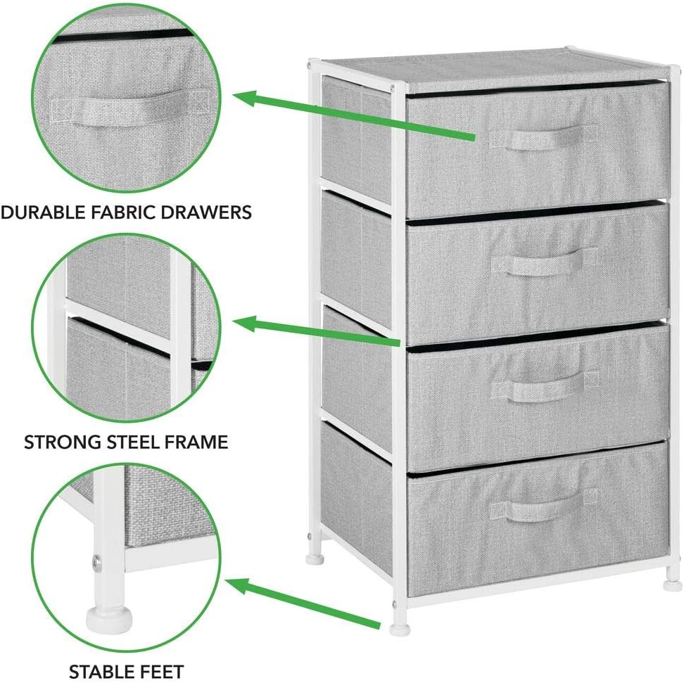 mDesign Vertical Furniture Storage Tower - Sturdy Steel Frame, Easy Pull Fabric Bins - Organizer Unit for Bedroom, Hallway, Entryway, Closets - Textured Print - 4 Drawers - Gray/White