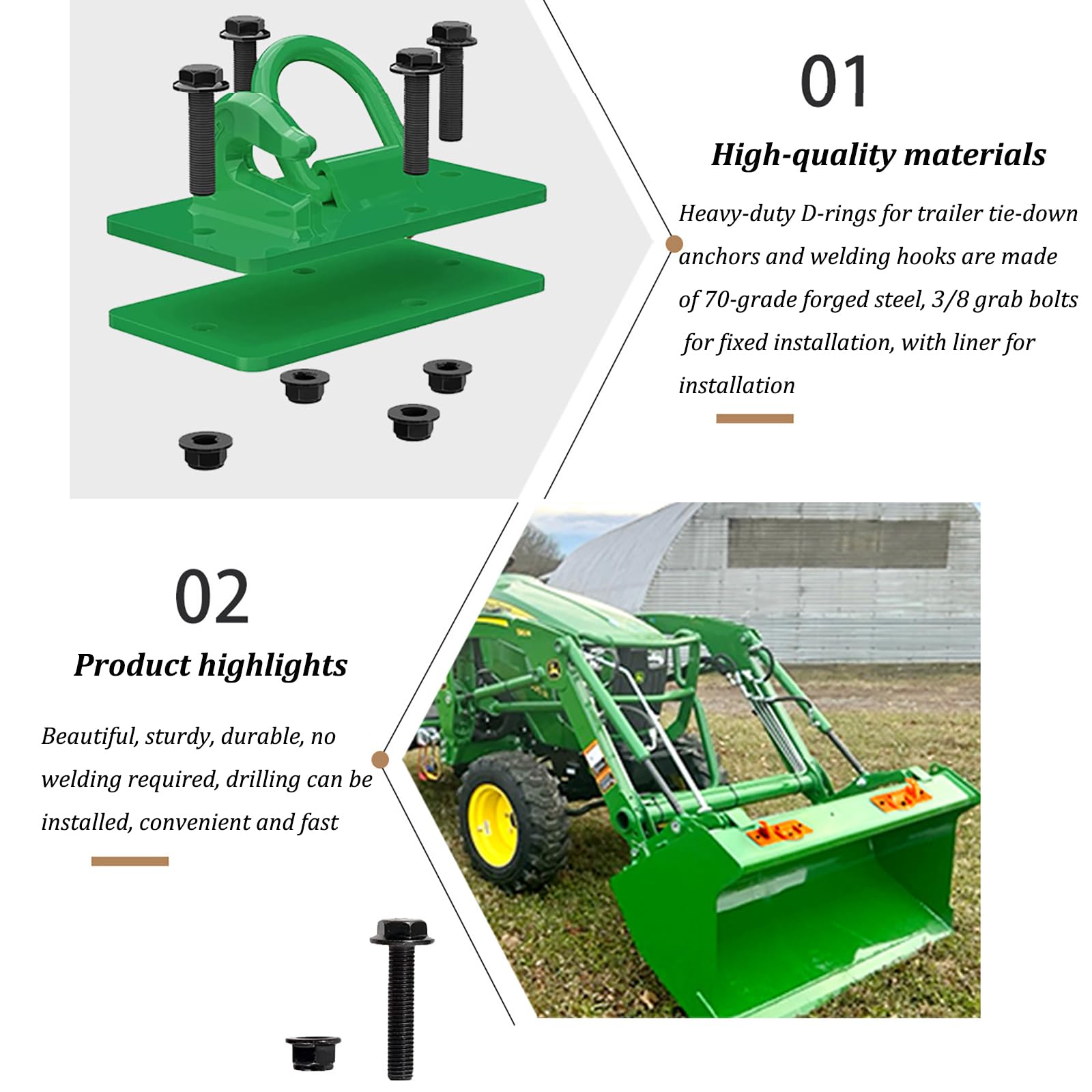 Vnncxuy 2 Pack Tractor Bucket Hooks with Tie Down Ring,Steel Bolt On Grab Hook Tow Hook Mount with Backer Plate, Work Well for Tractor Bucket,Yellow