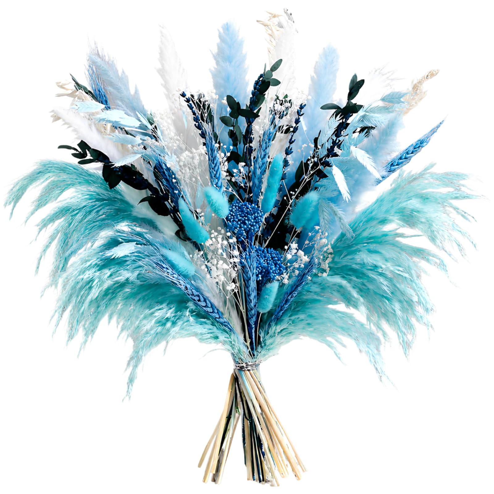 Pampasgras-Deko, 45 cm getrockneter Pampasgras-Strauß in Blau mit weißen Mischblumen, Boho-Stil, natürliche Trockenblumen für Home Office, Hochzeit, Bauernhaus, Tischdeko