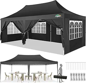 COBIZI 10x20 Canopy, Pop Up Canopy 10x20, Outdoor Wedding Party Tent, Commercial Tent, Waterproof Canopy Tent with 6 Sidewalls, All Season Outdoor Gazebos for Parties with Carry Bag, Event, Black