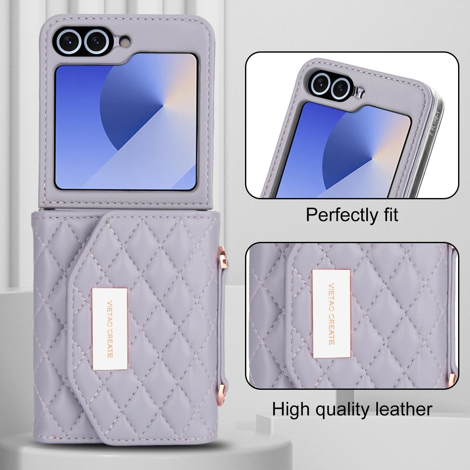 Etui portfelowe na telefon komórkowy Samsung Galaxy Z Flip 8 z wbudowaną skórzaną przegródką na gotówkę i uchwytem na karty kredytowe, regulowany pasek crossbody, ochrona zawiasów dla kobiet i