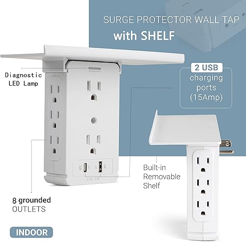 Miniatura 3 de PD20W - Extensor de salida de pared y protector de sobretensiones, 10 en 1 múltiples salidas con 8 CA, 1 USB C y 1 USB A (5 V 3.4 A), estante de