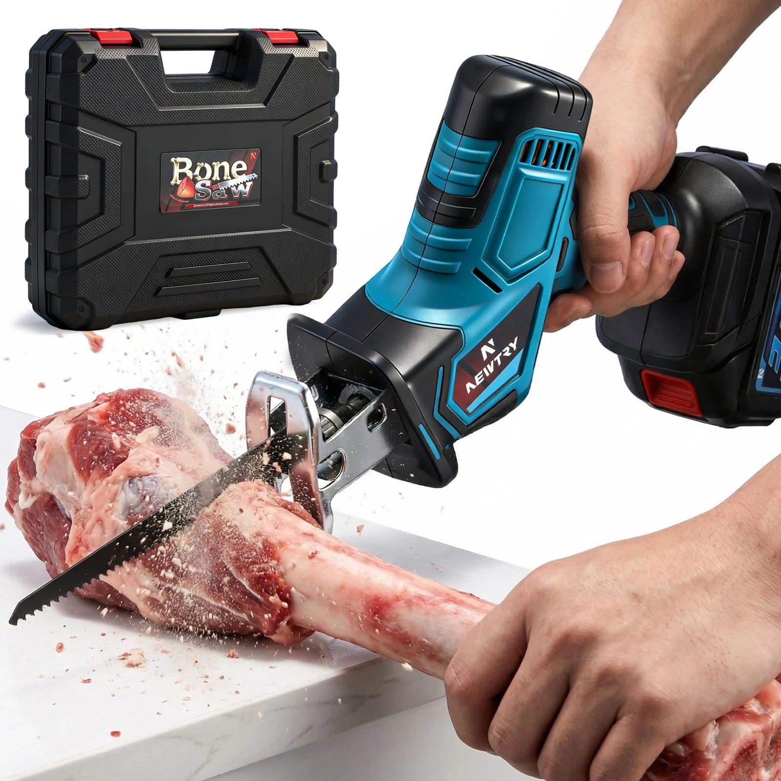 NEWTRY Sierra huesos inalámbrica 3000mAh 3500RPM 4 hojas carnicero | Sierra sable eléctrica, inalámbrica, potente, duradera, para carne, huesos, uso doméstico, matadero, alta eficiencia