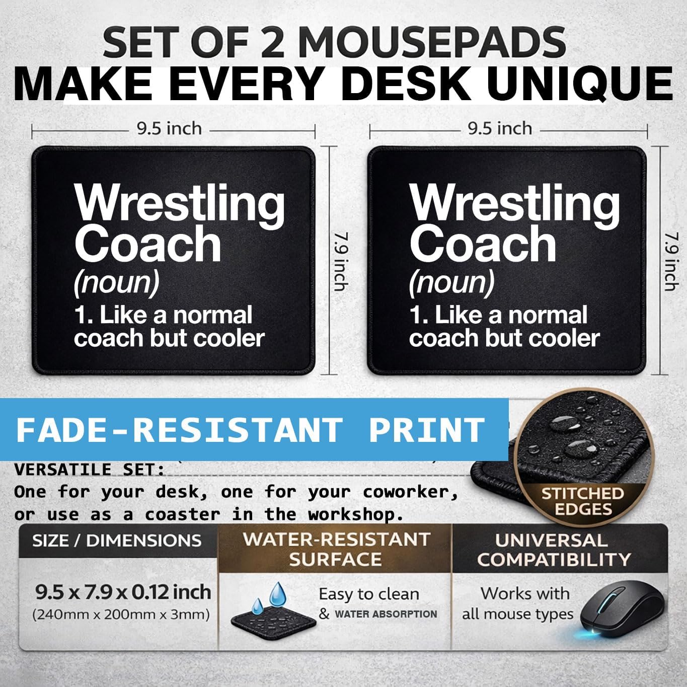 Wrestling Coach Mouse Pad Set, Rubber, Black, Non-Slip Base, Office, 9.5x8 Inches, Rectangular, 2 Pack image 2