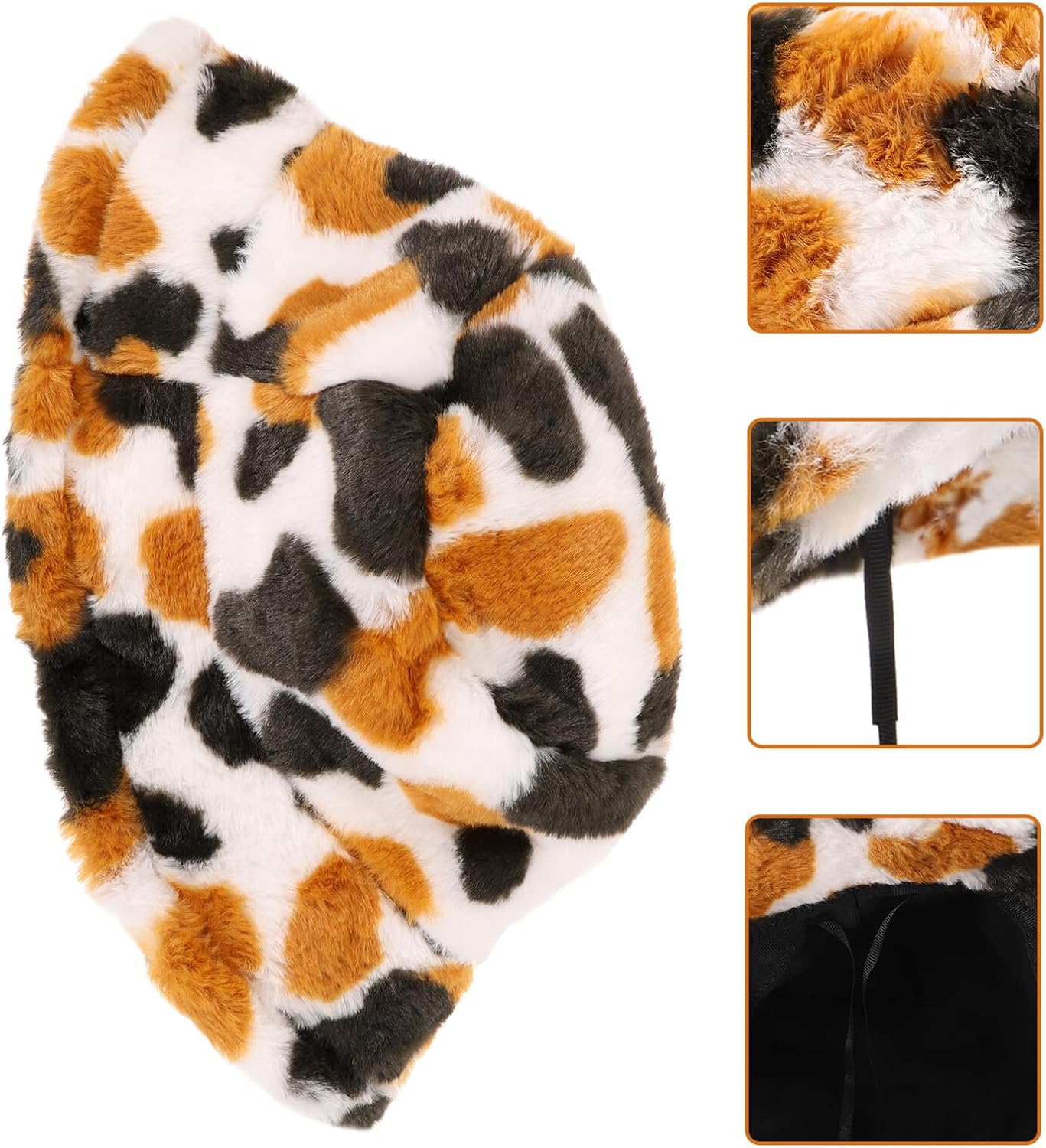 Colorful Cow Print Bucket Hat for Women Plush Thick Warm Fisherman Hat Autumn Winter Fashion for Outdoor Casual Wear