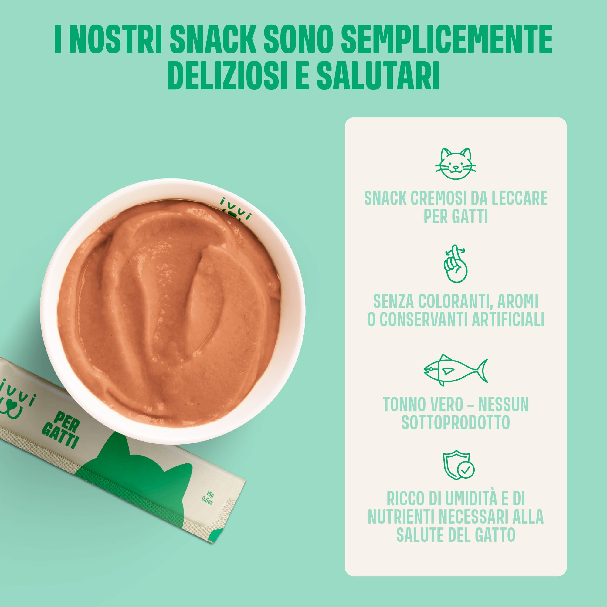 ivvi Essenza Digestiva per Gatti – 30 Snack Cremosi con Tonno, Zucca, Semi di Lino e Postbiotico derivato da Probiotici – Digestione, Flora Intestinale e Benessere – 450 g