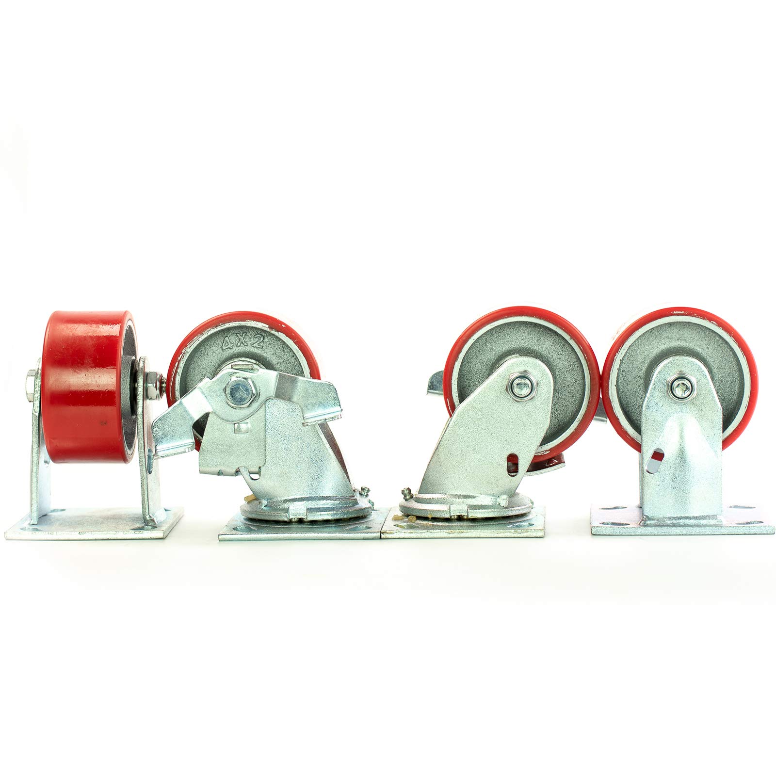 4"x2" Swivel Caster Heavy Duty Polyurethane Wheel Brakes (2) and Rigid (2), Support 2,800 lbs, 700 lbs Each (4), Perfect for Chairs, Dolly, Furniture