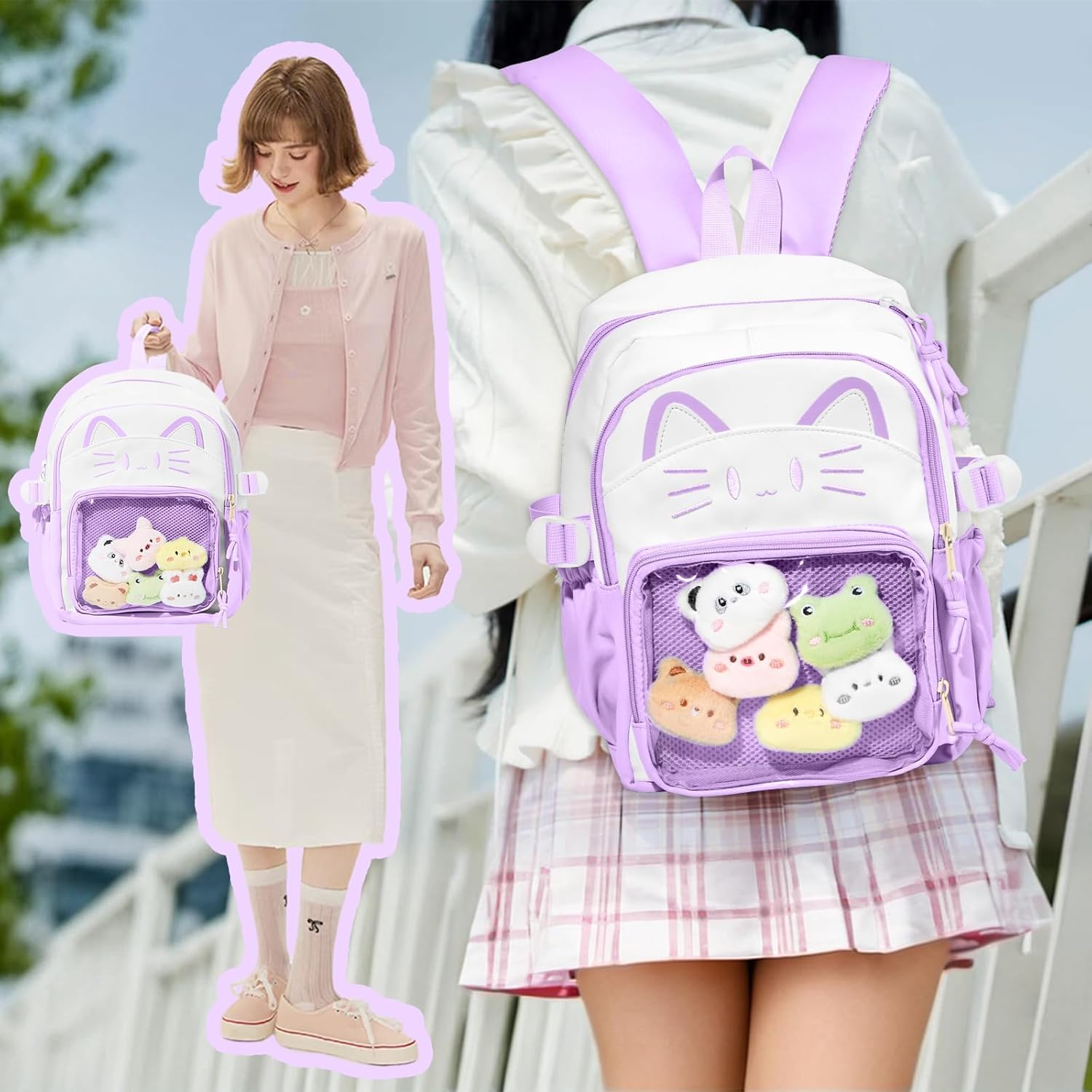 Kawaii Cat Ita Bag,Pin Purse,Pin Display Backpack Bag with Insert,For Daily Use and Cosplay(purple-white, Small)