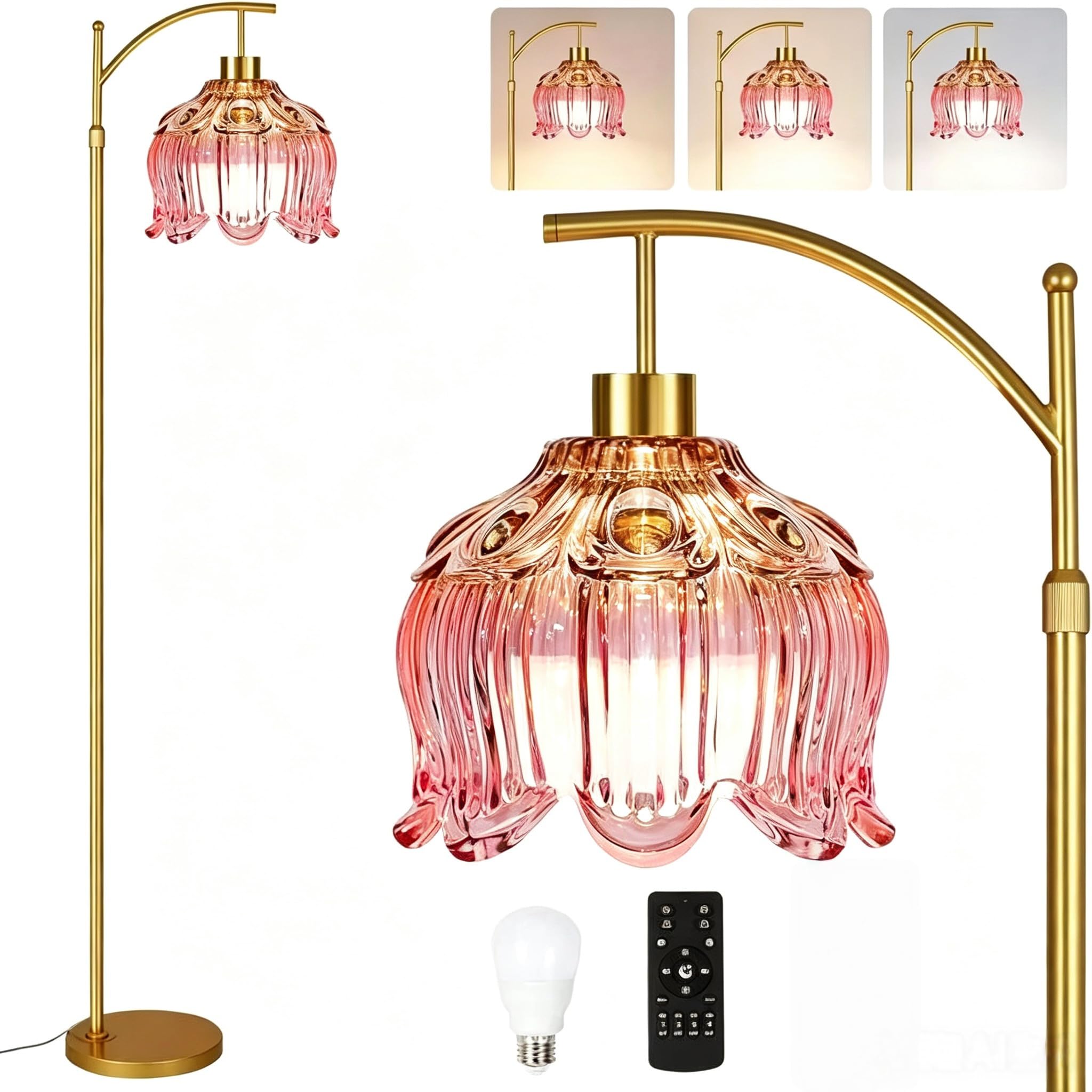 QIYIZM Pinke Stehlampe für Wohnzimmer, Schlafzimmer, goldfarben, dimmbar, Stehleuchte mit Fernbedienung, Mitte des Jahrhunderts, moderne Messing-Lampe, Boho-Stehlampen, Bogen, Buntglas, Blume