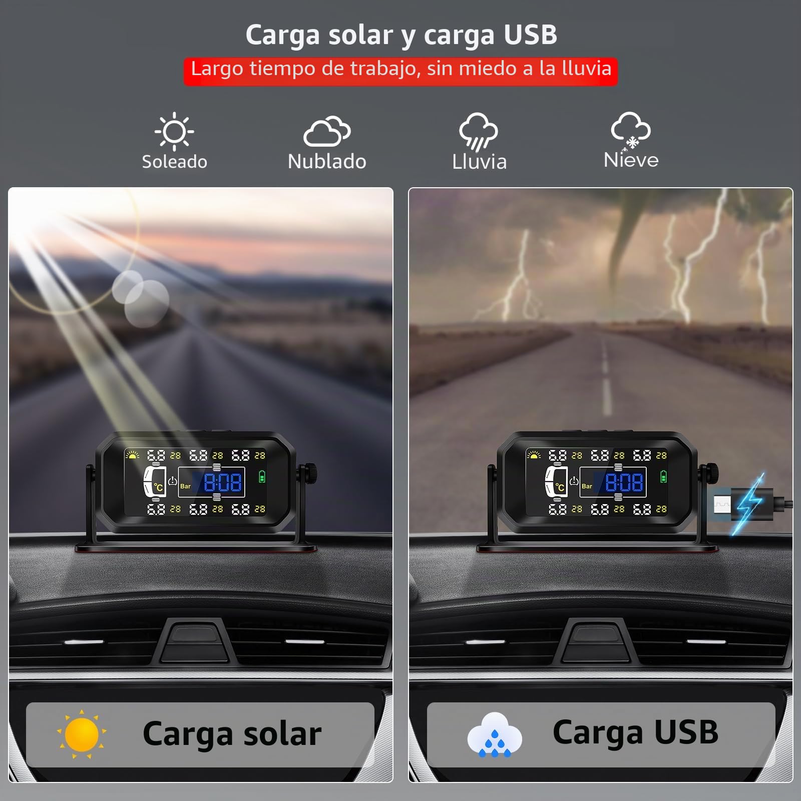KAOLALI Sistema de Monitoreo de Presión de Neumáticos,【4/6-Ruedas Modos】 0.01Bar Alta precisión Carga Solar TPMS, Indicación de la Hora, con 6 Sensor Presion Neumaticos para Coche SUV LKW Camiones