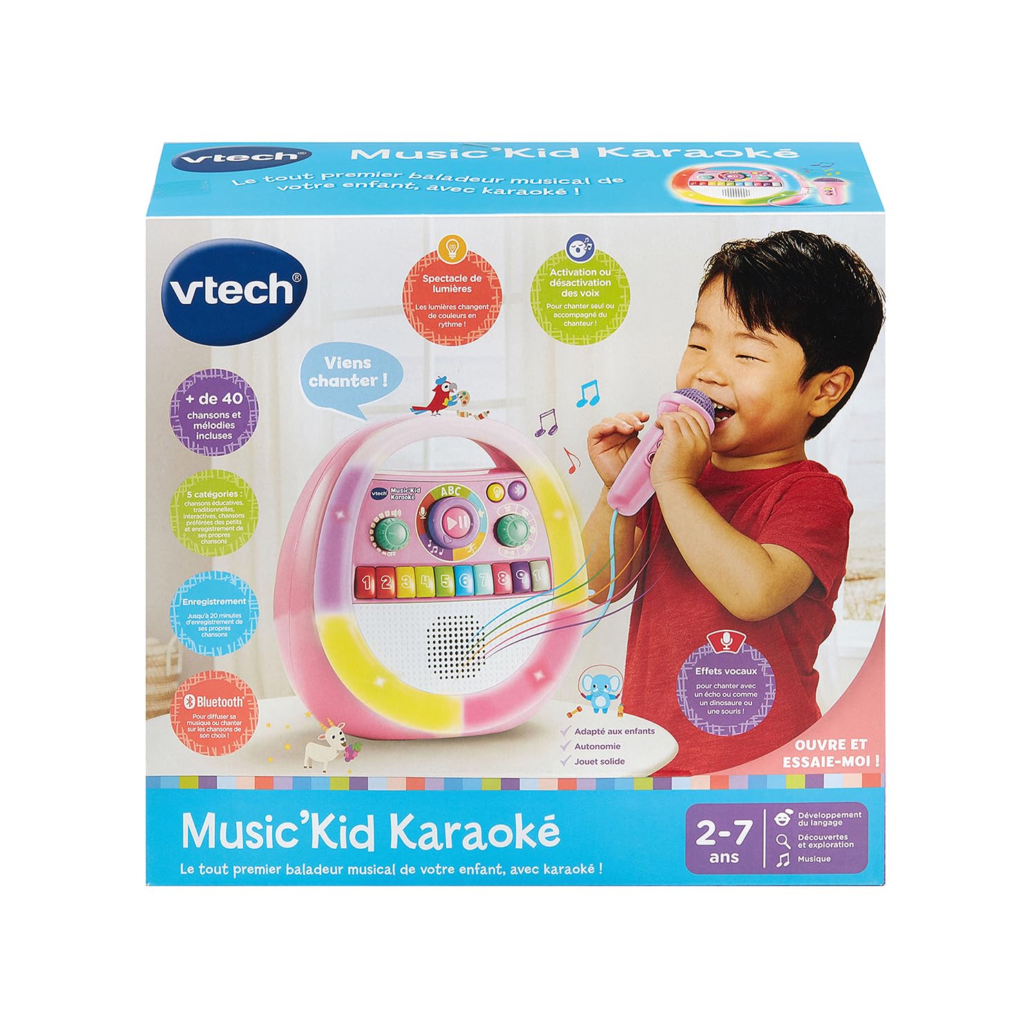 VTech Music'Kid Karaoké Rose Baladeur Musical Enfant Dès 2 Ans | Enceinte Bluetooth Lumineuse avec Micro Karaoké, Enregistreur Vocal, Comptines, Chansons Éducatives et Relaxantes en Français