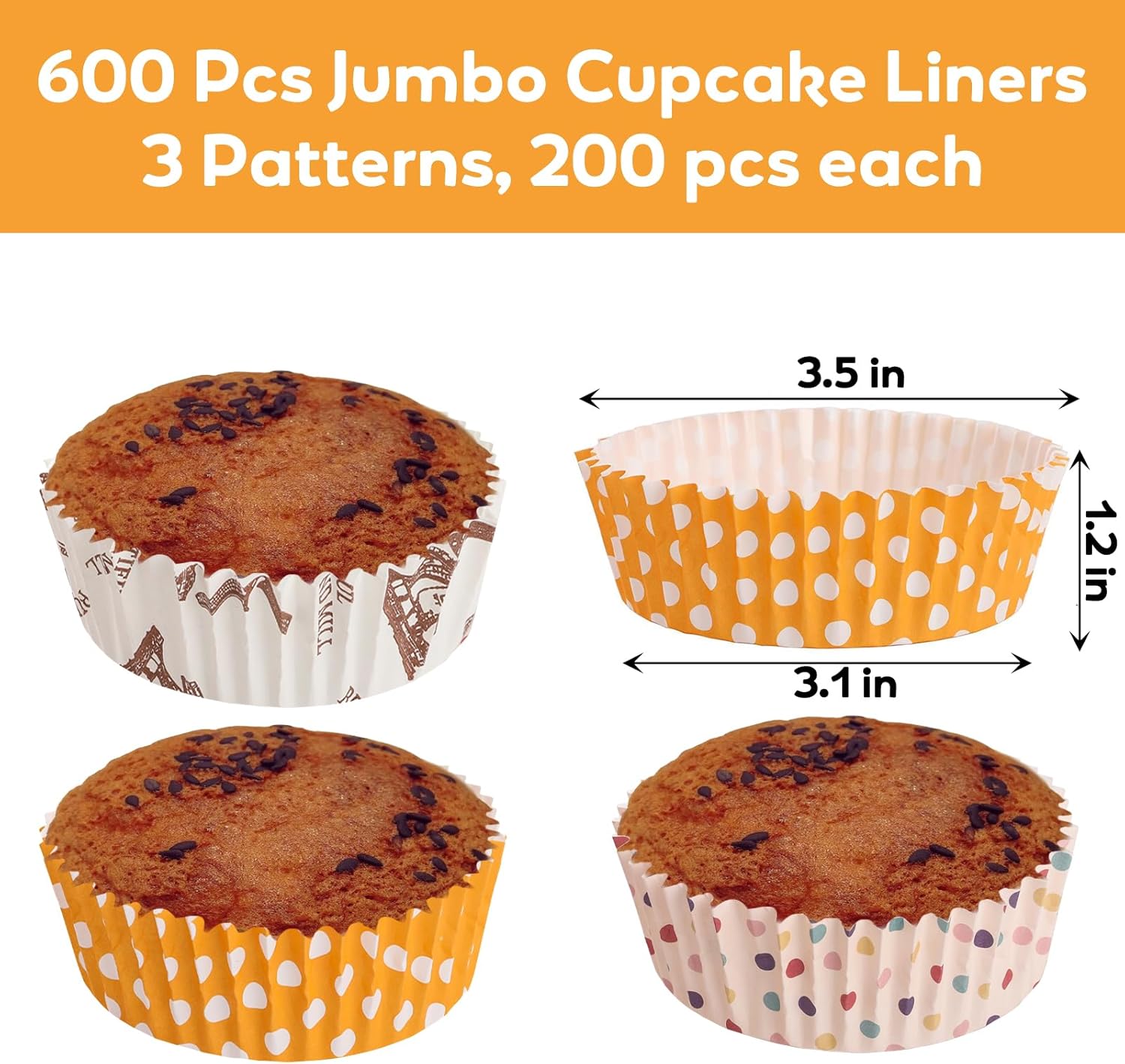 YOUEON 600 Pcs 3.5 In Jumbo Cupcake Liners Greaseproof, 6 Oz Large Paper Baking Cups Non-Stick, Jumbo Muffin Liners for Muffins, Cupcakes, Brownie, Quiche, Mini Snacks, Recyclable, 3 Pattern