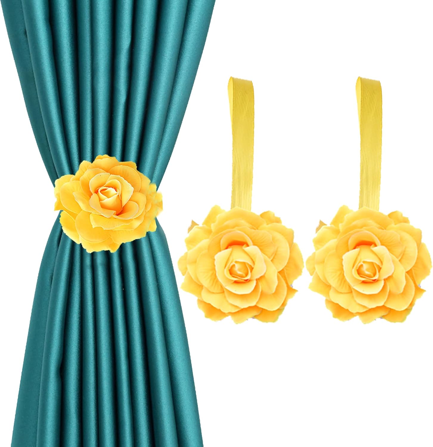 YYC 1Pair Rose Flower Magnetic Curtain Tieback Wedding Curtain Buckle Drapey Holder Girl's Room Decor (Yellow)