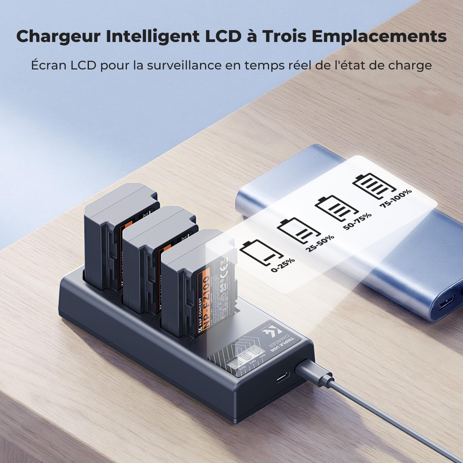 K&F CONCEPT NP-FZ100 Batterie et Chargeur à Trois Slot, 3 X 2280mAh Remplacement Batterie pour Sony A7iii, A7iv, A7C, FX3, FX30, A9, A6600, A6700, ZV-E1, ZV-E10ii, Alpha 9, A9S, A7R III, A7R IV, A7RV