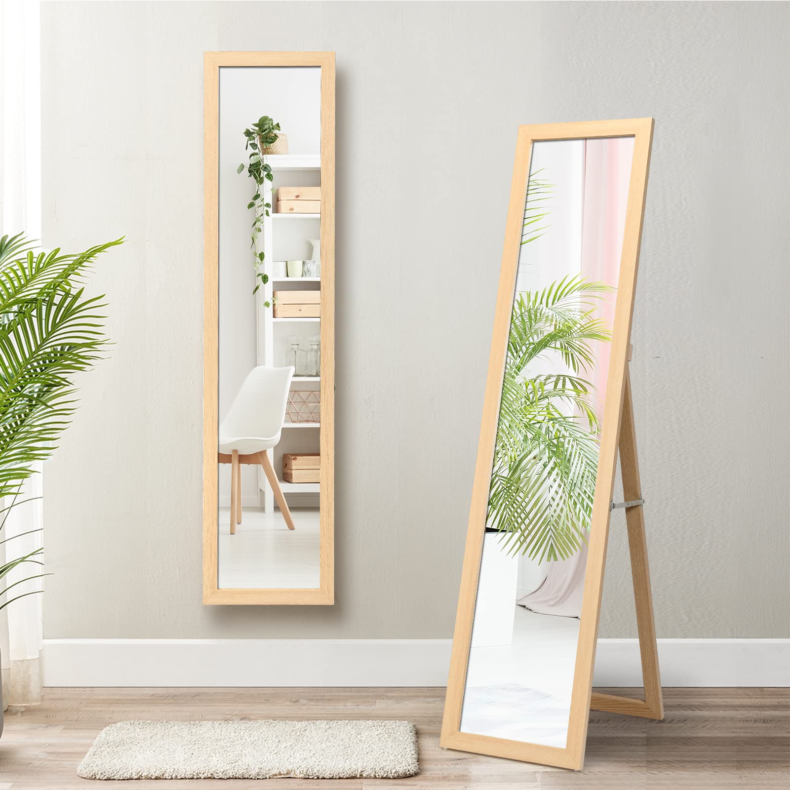RELAX4LIFE 2 en 1 Espejo de Cuerpo Entero, Espejo de Pie y Espejo de Pared con Ángulo Ajustable, Espejo de Armario con Marco de Madera para Dormitorio y Salón, 155x37cm (Natural)