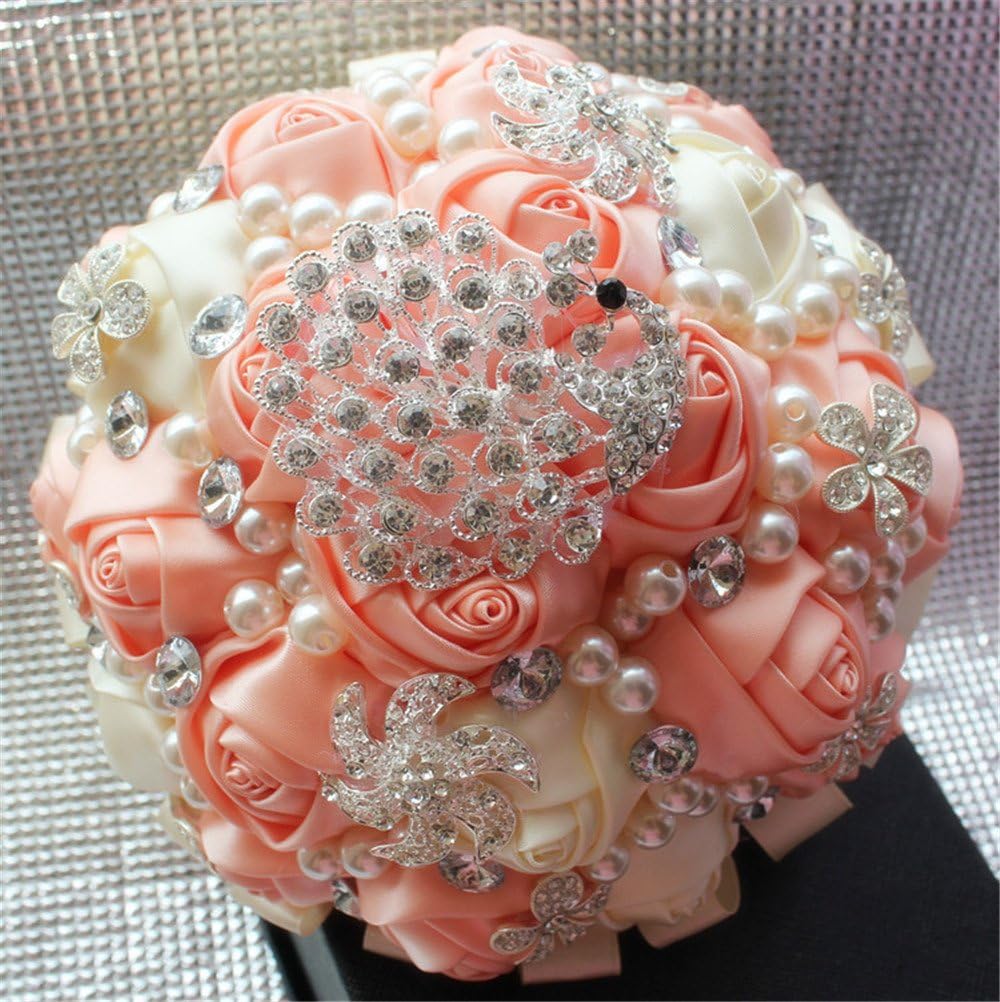 Advanced Customization S Type Brooch Wedding bouqeut Bride Holding Flowers with Rhinestone Pearl Ivory+Peach Custom Bouquet Color 18cm