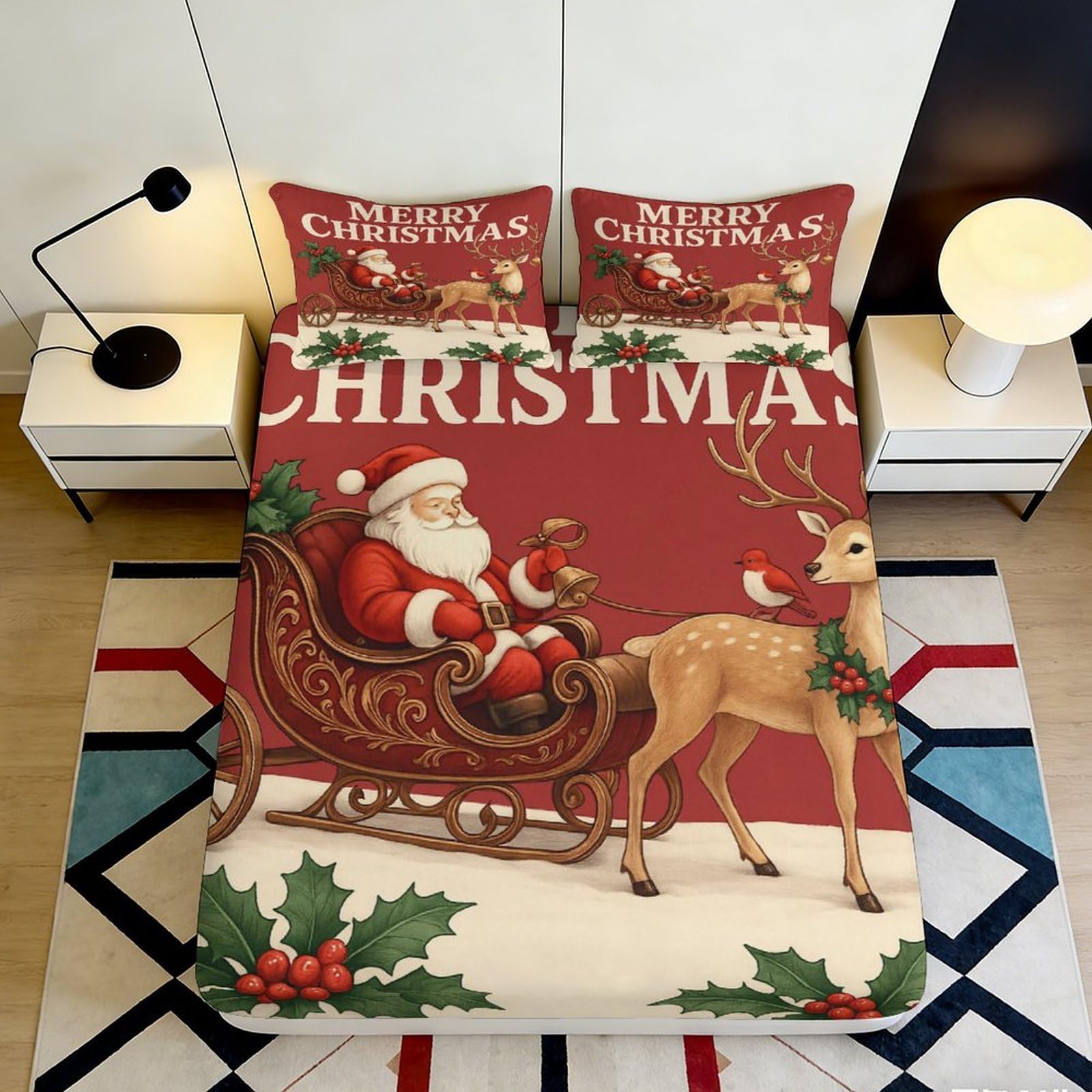 3D Printed Christmas Santa Sleigh Fitted Sheet Microfiber Red Holiday Reindeer Mattress Cover Anti-Slip Machine Washable Bedroom Guest Room Decor 180x200x25cm