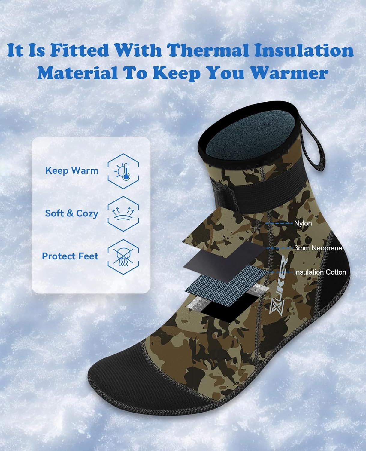 XUKER Neoprene Water Socks, Winter Fleece-Lined Warm Wetsuit Winter Socks for Scuba Diving Snorkeling Surfing