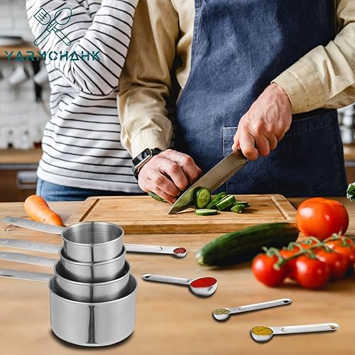 Miniatura 7 de Juego de tazas y cucharas medidoras de acero inoxidable, 8 herramientas esenciales de cocina, utensilios de cocina de medición con buenos agarres