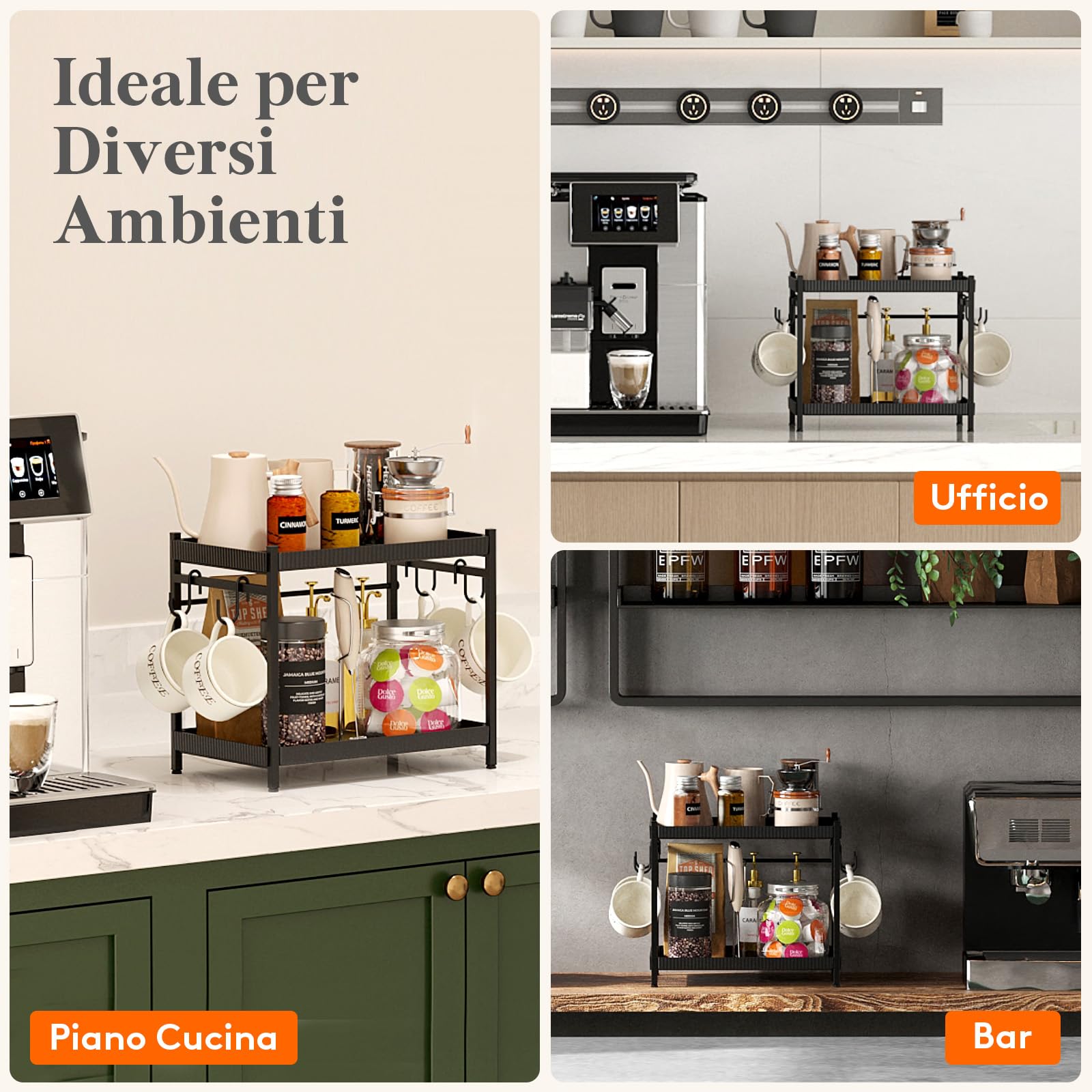 Lifewit Organizer per Caffè, 2 Livelli Portatazze da Banco, Espositore a Scaffale con 4 Ganci, Contenitore per Accessori da Caffè per la Cucina di Casa, Nero