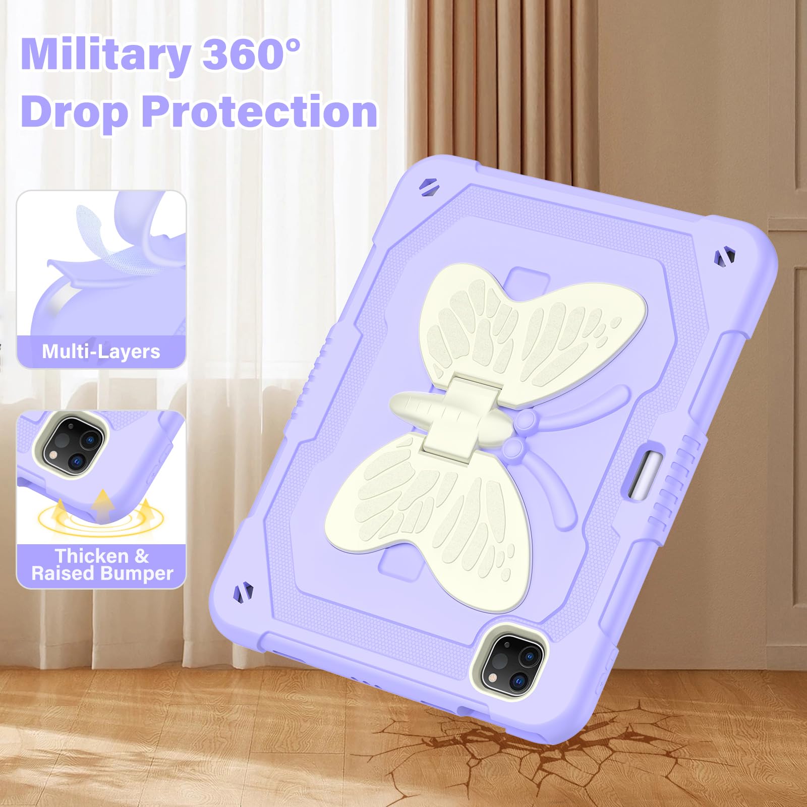 HOGENL Étui papillon pour iPad Pro 11" 2022/2021/2020/2018/iPad Air 5e/4e génération avec porte-crayon, bandoulière de protection robuste pour enfants et filles – Violet
