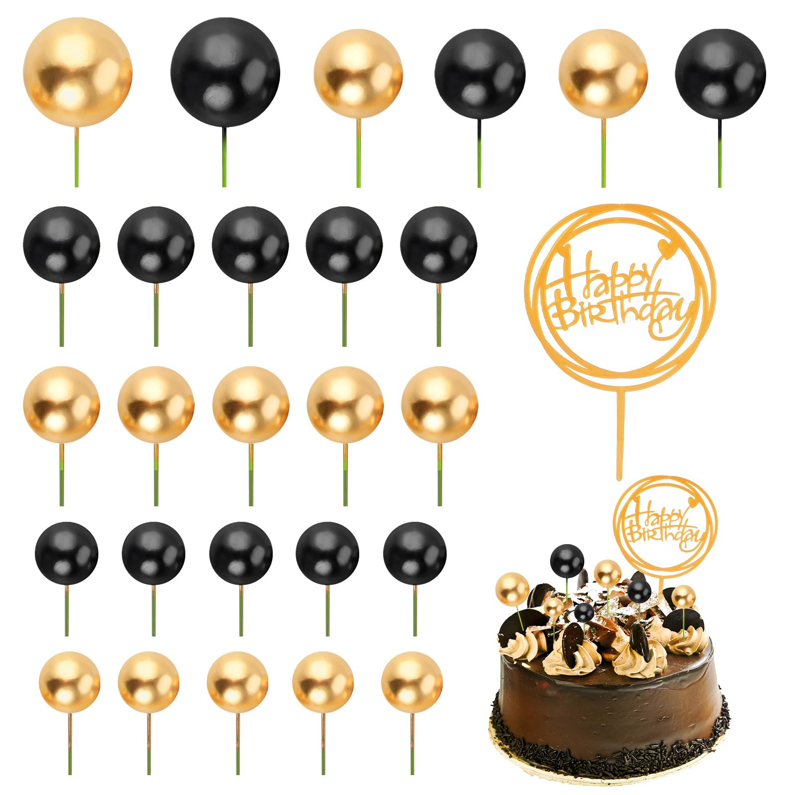 27 PCS Mini Ball Cake Toppers – Black & Gold Foam Balls With Sticks, Cake Decoration For Birthdays, Weddings, Parties