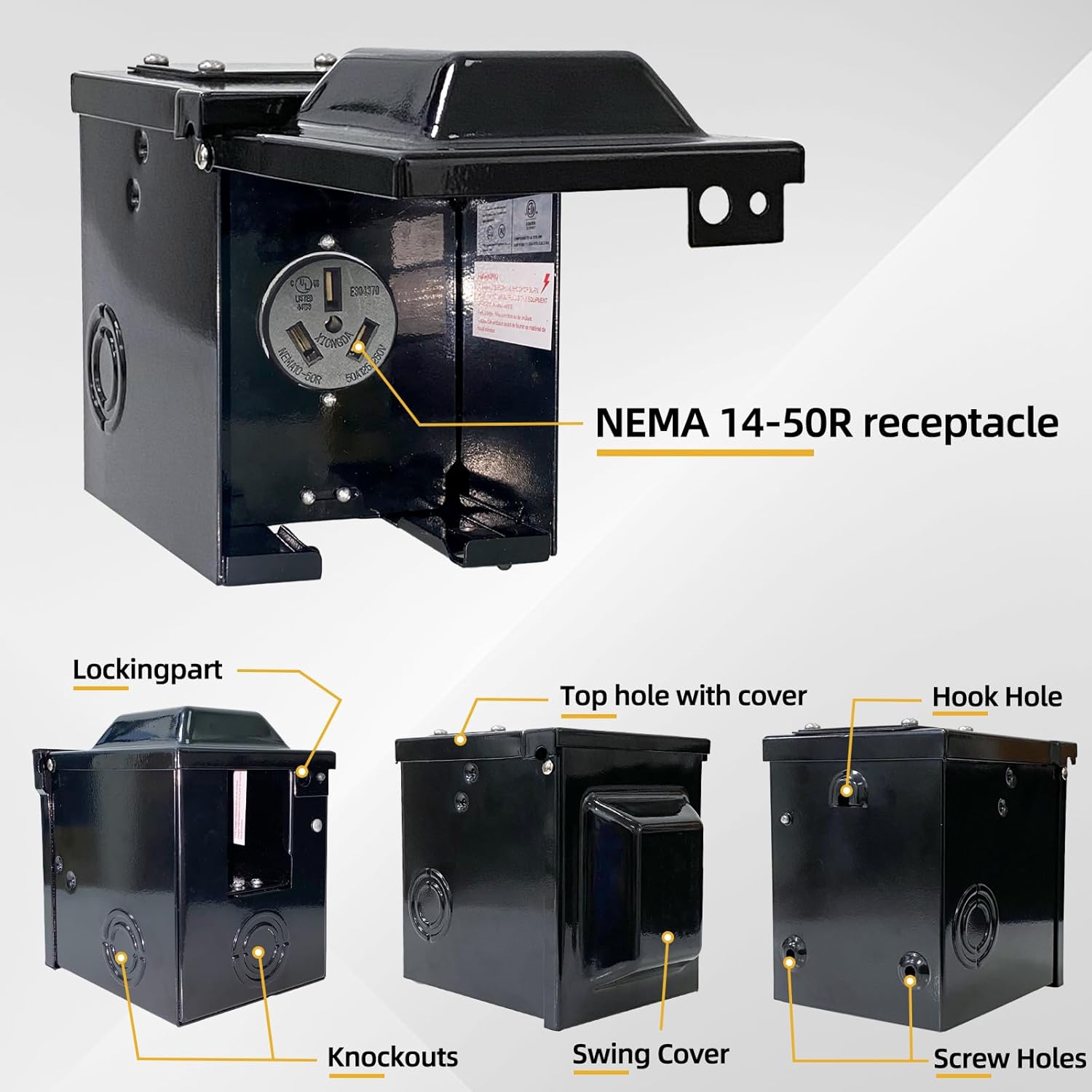 RV/EV 30 Amp 125/250 Volt Power Outlet Box, Waterproof Lockable Enclosed Power Panel, 14-50R Receptacle, for RV Camper Travel Trailer Electric Car Generator (30Amp, Black)