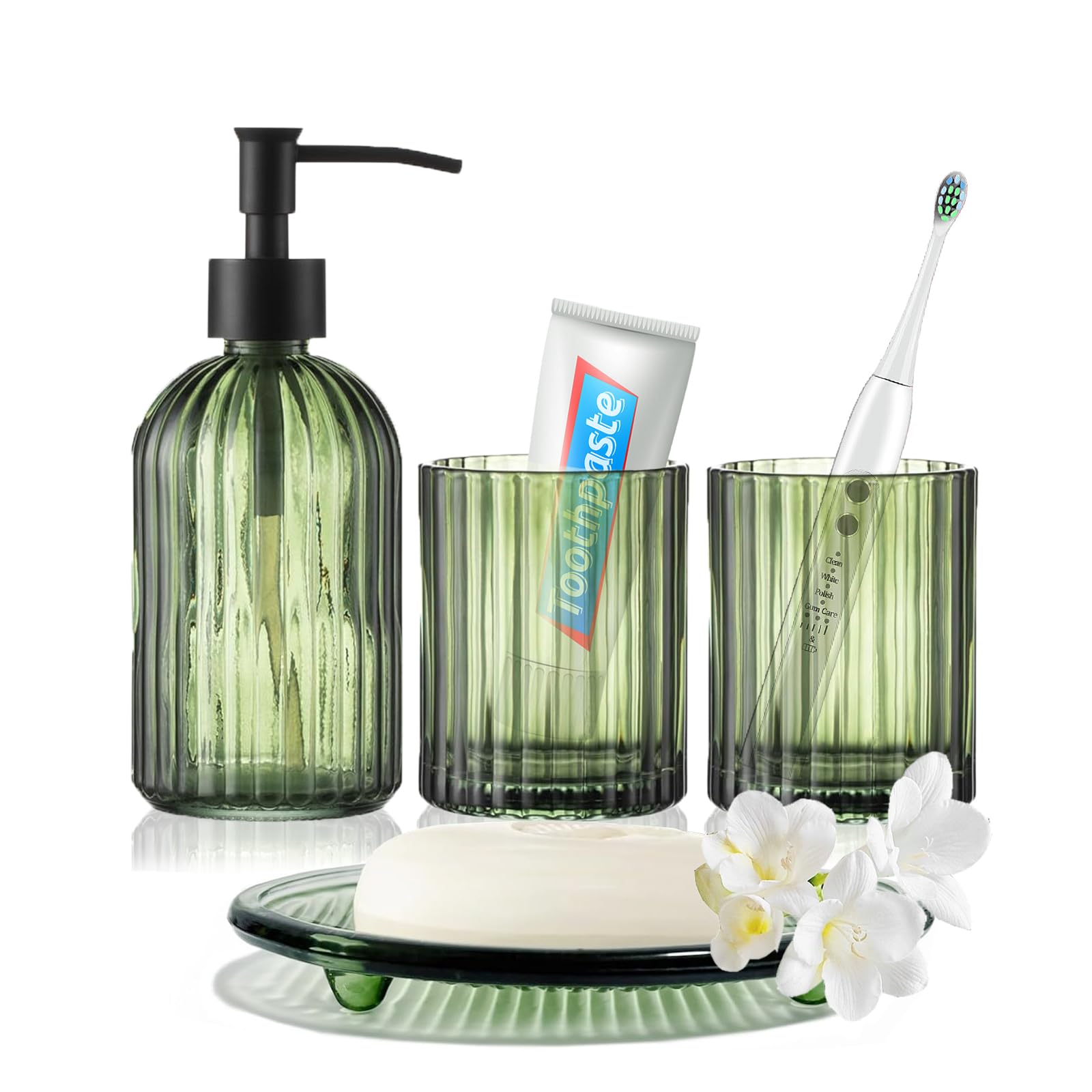 4PCS Green Glass Bathroom Accessories Sets of Lotion Dispenser, Soap Dish, Toothbrush Holder, Tumbler, Glass Modern Bath Decor, Vintage Bathroom Countertop Organiser Set for Home Decor Gift