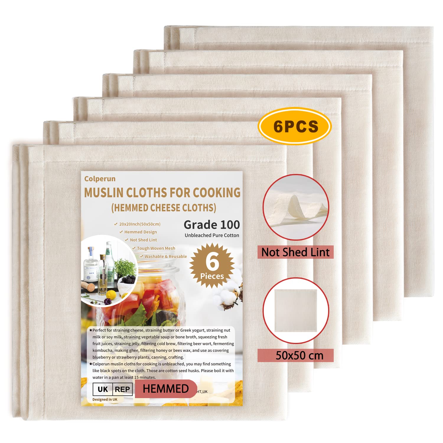 Cheese Cloths for Straining, 6Pack, Grade 100, 50x50cm Hemmed Muslin Cloths for Cooking Reusable Cheesecloth, Unbleached Cotton Cheese Cloth Muslin Fabric Strainer for Jam, Butter, Bread