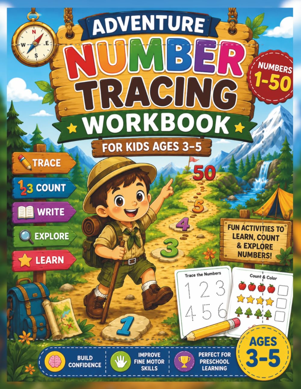Adventure Number Tracing Workbook for Kids Ages 3–5: Learn to Trace, Write & Count Numbers 1–50! A Fun Preschool Activity Book with Little Explorer ... Counting Games, and Fine Motor Skill Practice
