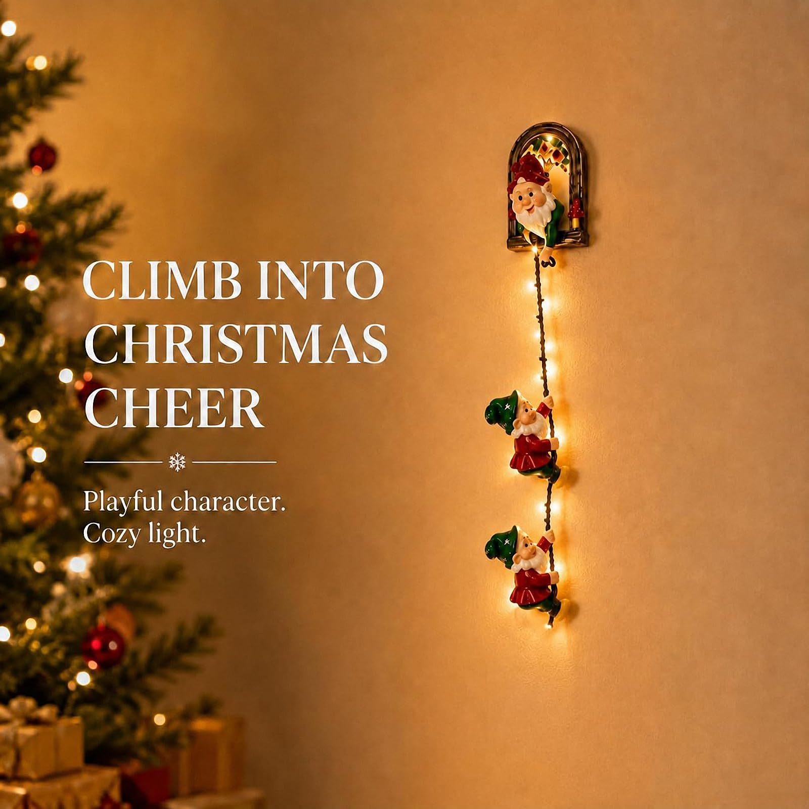Christmas GNOME String Lights, Beleuchtete kletternde Wichtel-Weihnachtsdekoration, Hängende Xmas-Deko für Kaminsims, Weihnachtsbaum, Wand, Fenster, Wohnzimmer und Weihnachtsfeier，2 * Rot