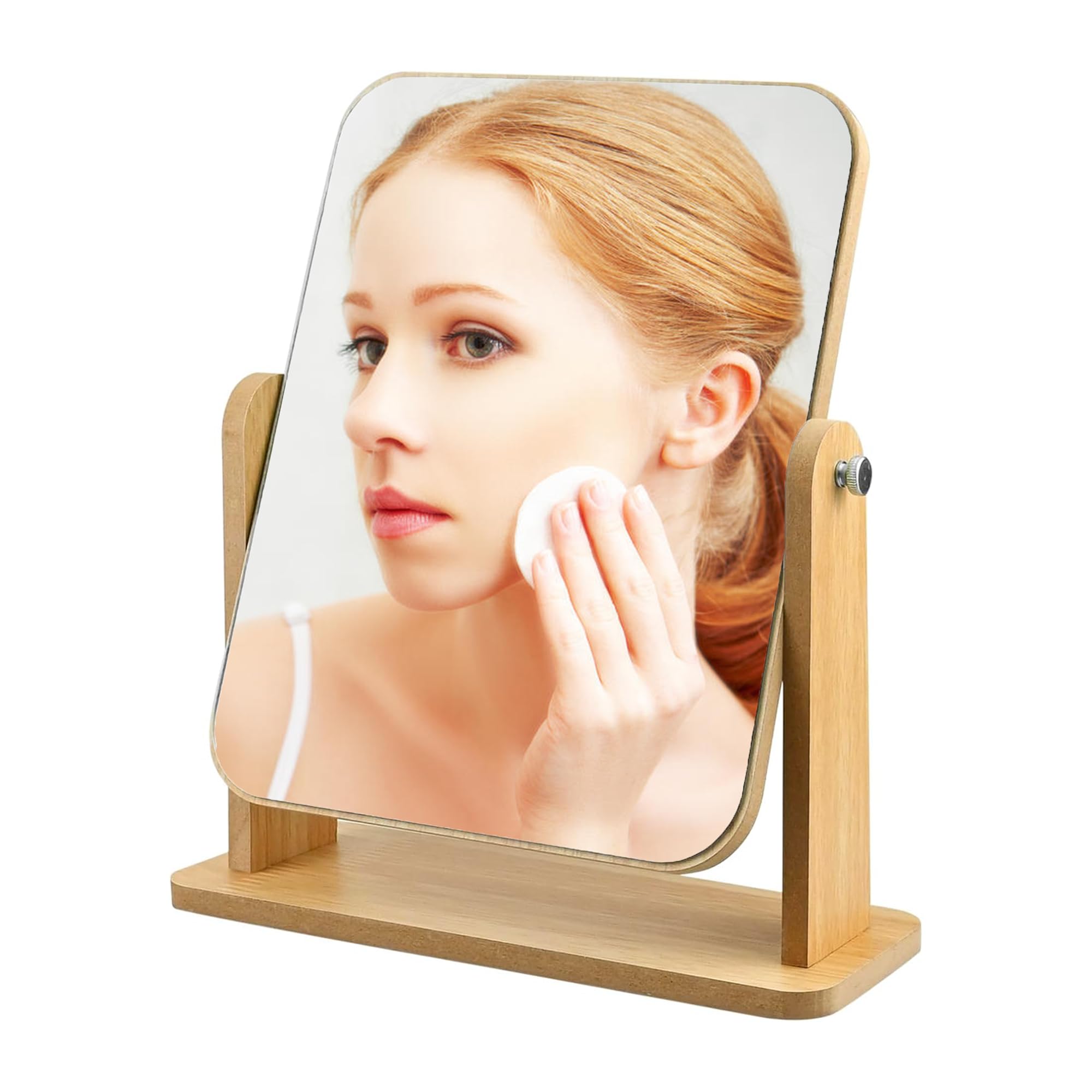XFLYP Espejo de Escritorio de Madera Giratorio de 360 Grados con Soporte, Portátil Encimera Espejo de Baño Espejo de Maquillaje, Sencillo y Moderno, Pequeño