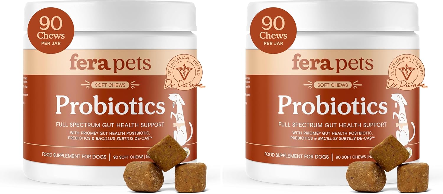 Fera Pets Probiotics for Dogs with Prebiotics and Postbiotics - Full Spectrum Gut Health Support - Promotes a Balanced Gut Microbiome - Boosts Immune Health - 90 Soft Chews (Pack of 2)