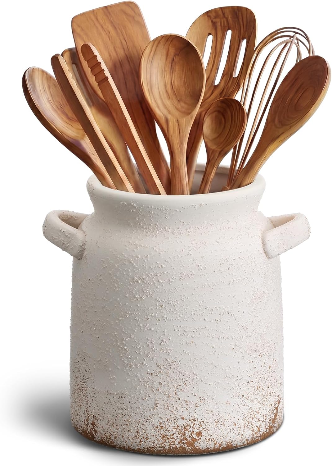 Qinyoung Rustic Kitchen Utensil Holder 6 Inch Small Ceramic Utensil Holder with Handle Vintage Crock Decoration Spatula Organizer for Kitchen Countertop Farmhouse Party Supplies(White,Textured)