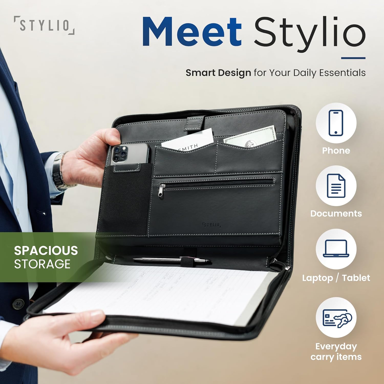 STYLIO Zipper Padfolio Portfolio Binder Organizer | Faux Leather Portfolio for Resume, Documents, Phone, Tablet, Business Supplies and Cards | Notebook Organizer with Letter Sized Notepad Included - Image 2