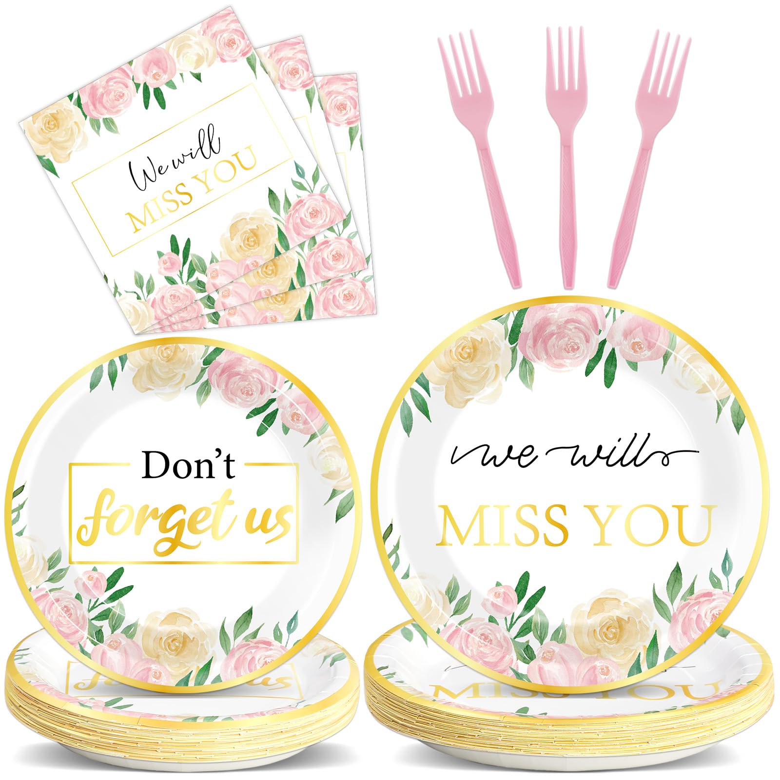 100PCS We Will Miss You Plate and Napkin Farewell Retirement Party Supplies Spring Pink Floral Plates Disposable Don't Forget Us Decor for Goodbye Office Good Luck Going Away Dinnerware Serves 25