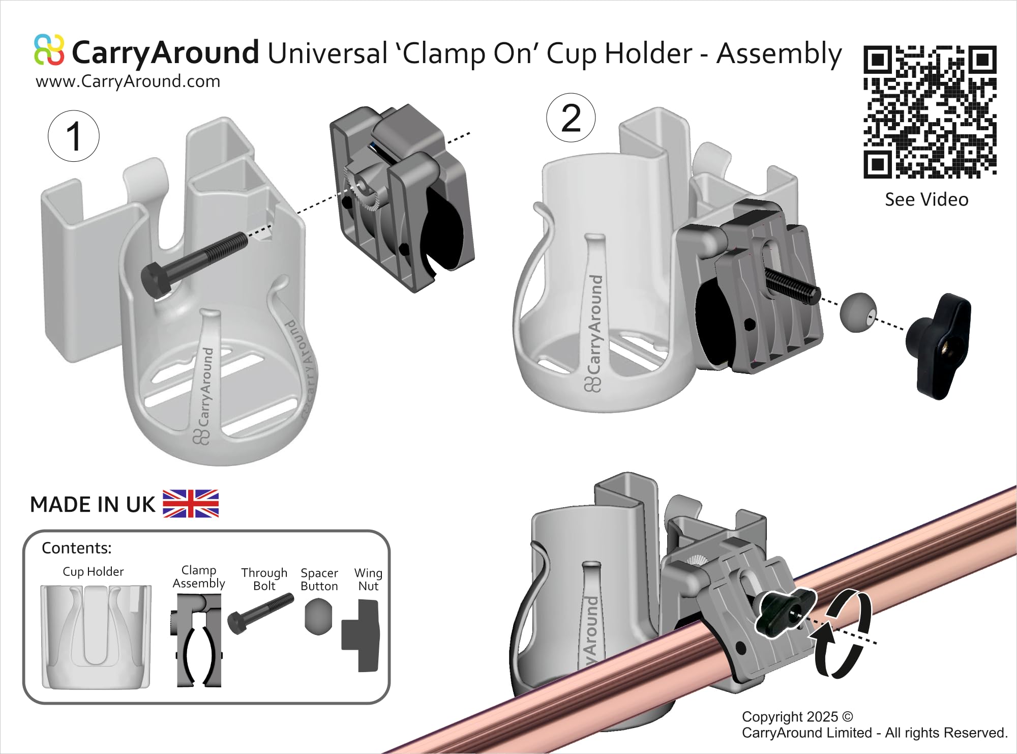 CarryAround, soporte para tazas de bebé, vasos, teléfono grande [fabricado en Reino Unido] por CarryAround, cochecito, cochecito, silla de ruedas, andador, café, biberón, construido para durar, fuerte