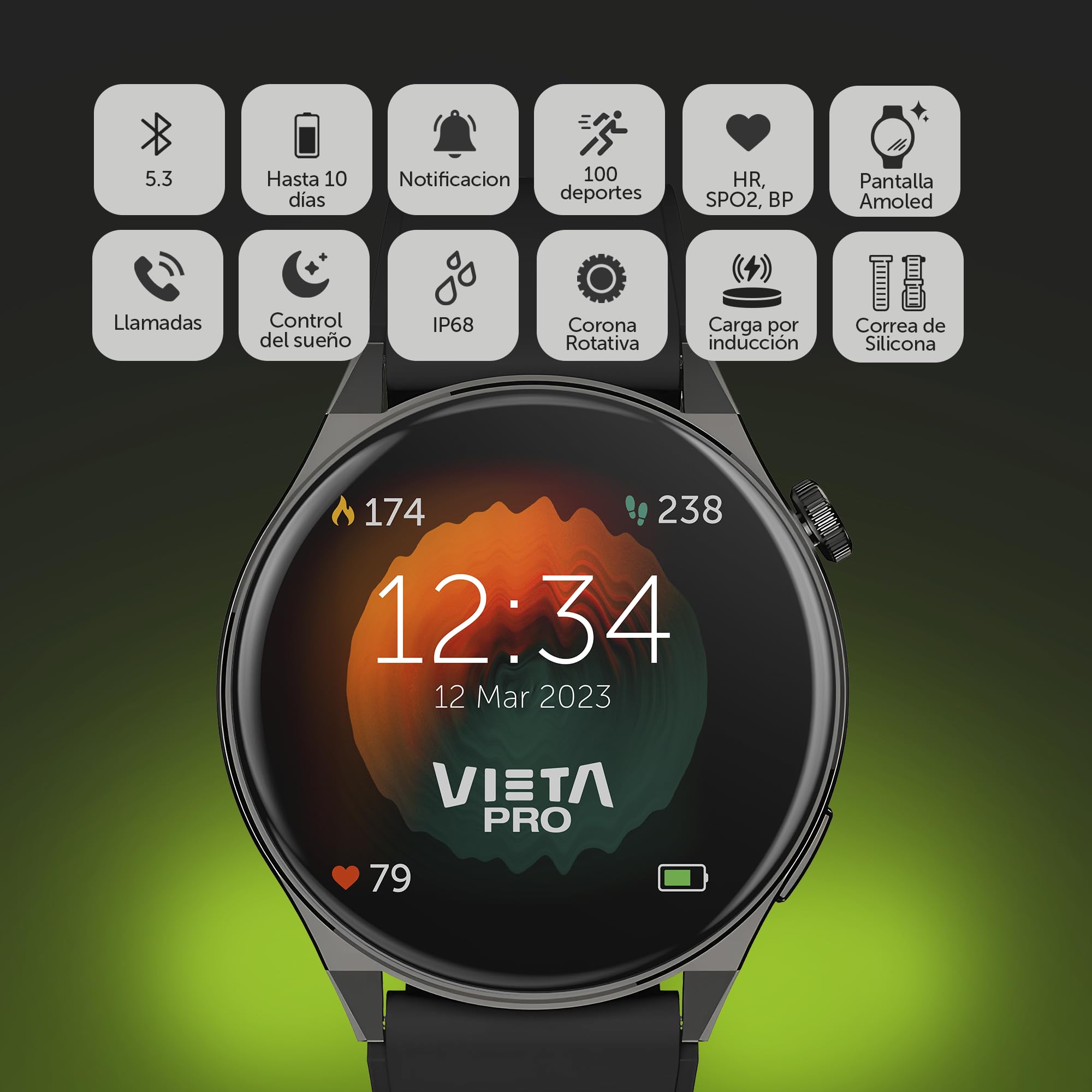 Vieta Pro - Reloj Inteligente Mujer Deportivo con Llamadas, Control de sueño, Contador de Pasos | Smartwatch de Mujer Redondo con pulsómetro, notificaciones y Pantalla AMOLED de 47mm | Wear 2 MAX
