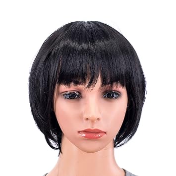 SWACC 10 Inch Short Straight Bob Wig with Bangs Synthetic Colorful Cosplay Daily Party Flapper Wig for Women with Wig Cap 1B#- Off Black