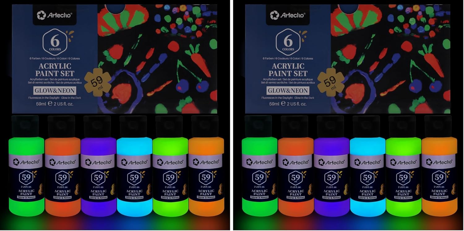 Artecho Glow in the Dark Paint 6 Colors, 60 ml / 2 oz Acrylic Paint for Decoration, Art Painting, Outdoor and Indoor Art Craft, Supplies for Canvas, Rock, Wood, Waterproof Rich Pigments (Pack of 2)